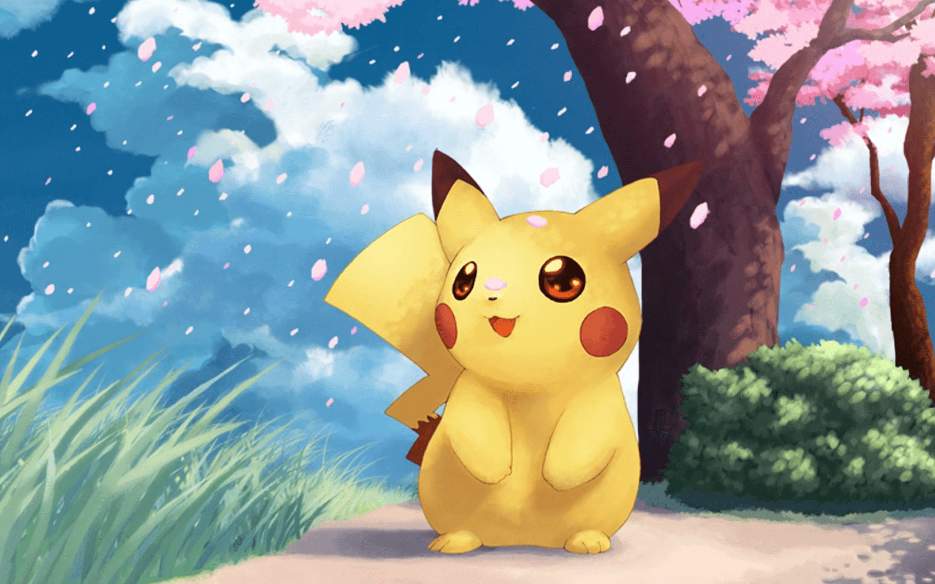 A yellow pikachu is standing by some trees - Pikachu