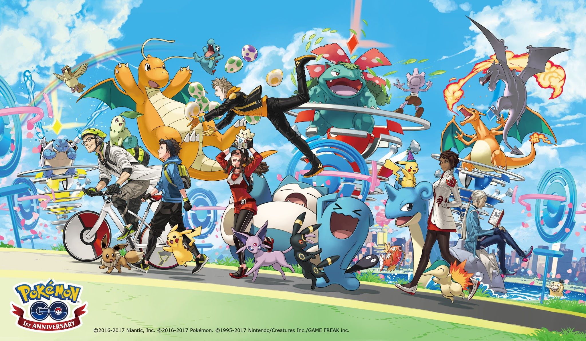 Pokemon Go characters are standing in front of an amusement park. - Pikachu