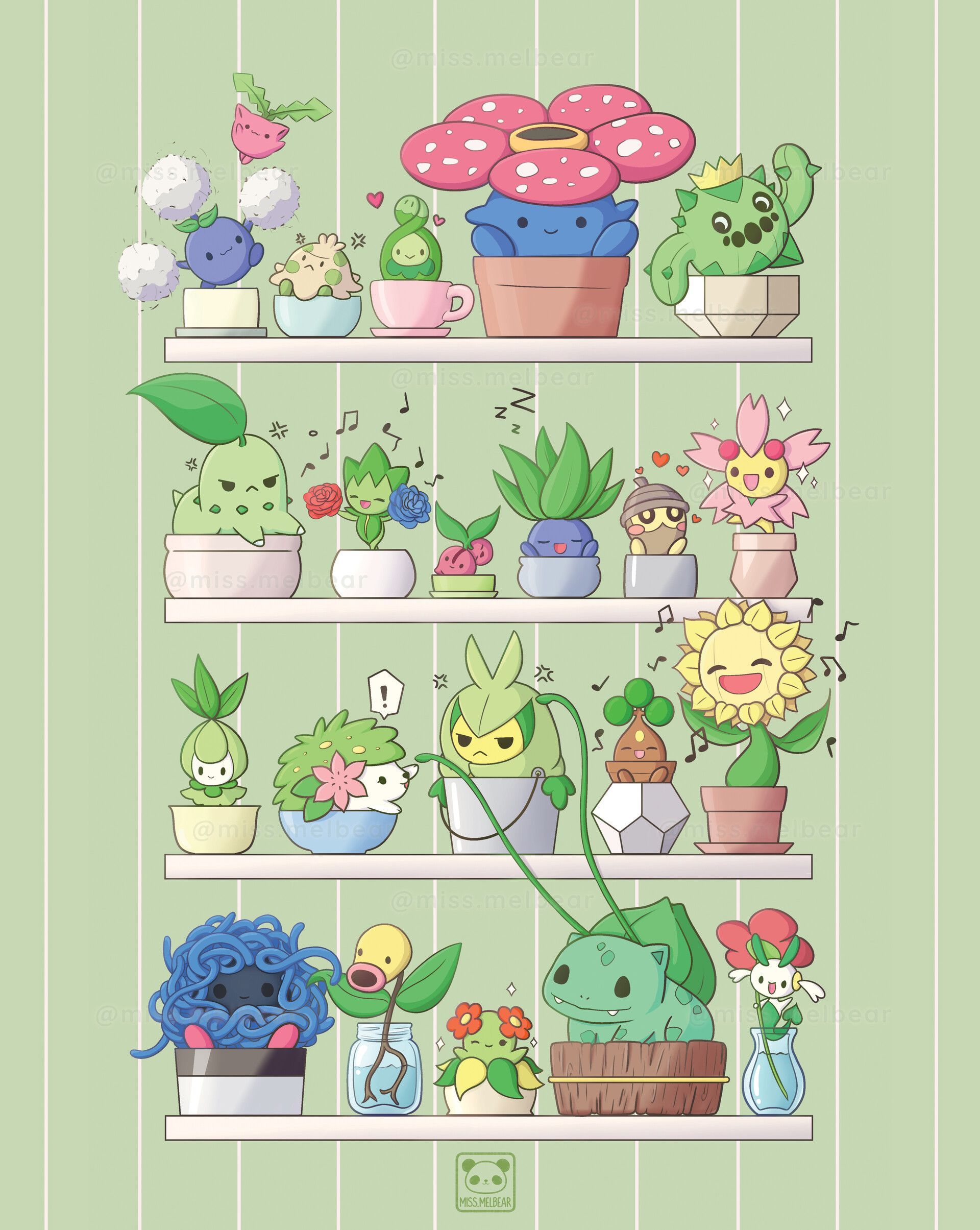 A shelf full of cute plants, drawn in a kawaii style - Pikachu, Pokemon