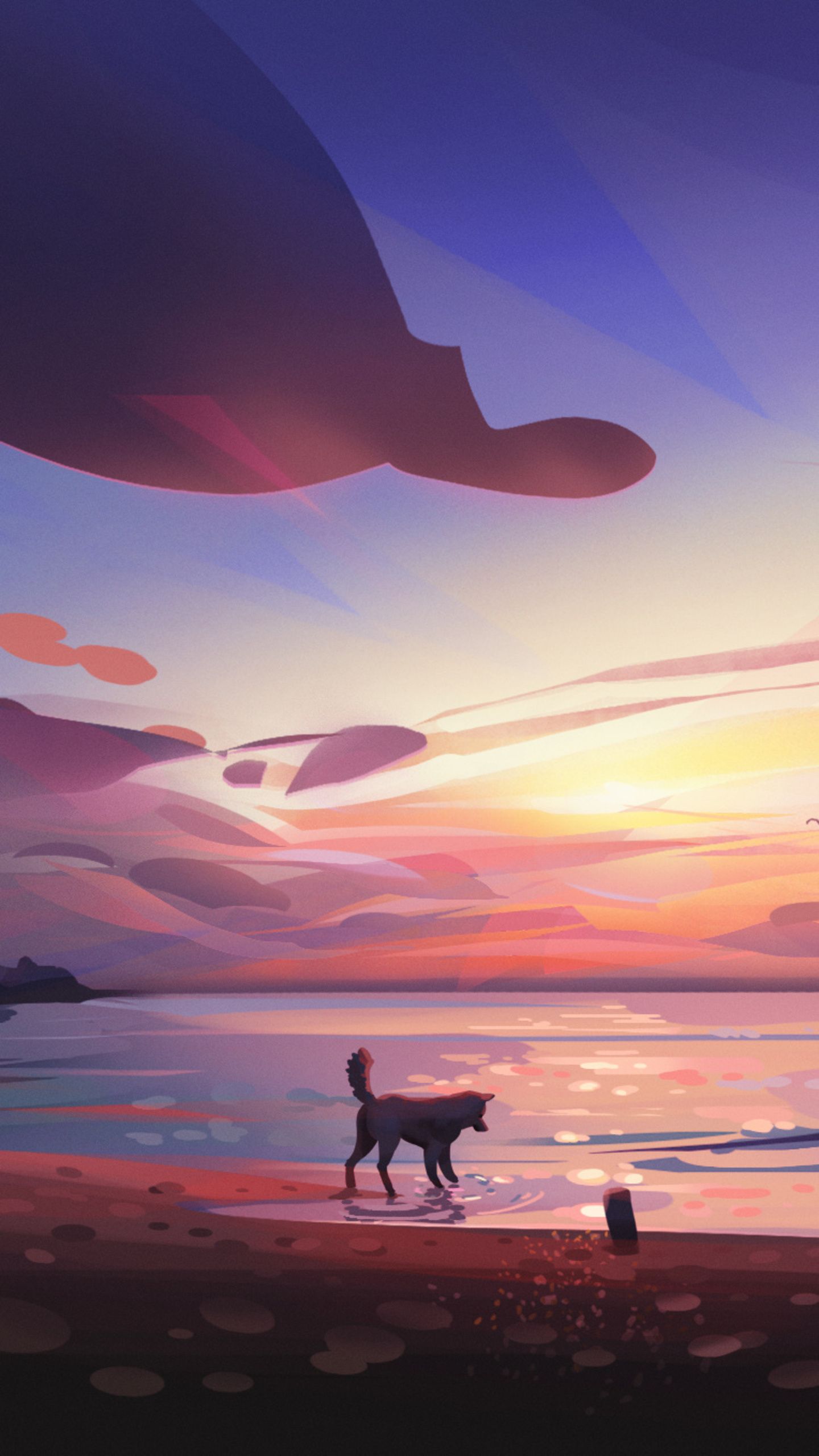 A man and his dog walk in the water during a beautiful sunset - Dog, puppy