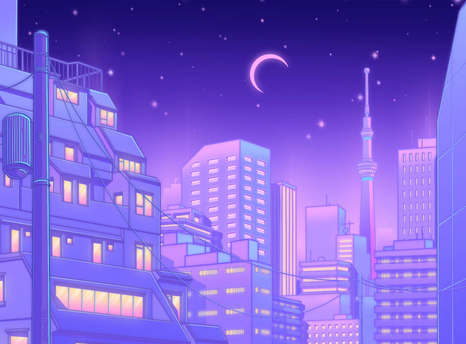 Aesthetic anime city wallpaper for phone with a purple and blue gradient. - Tokyo
