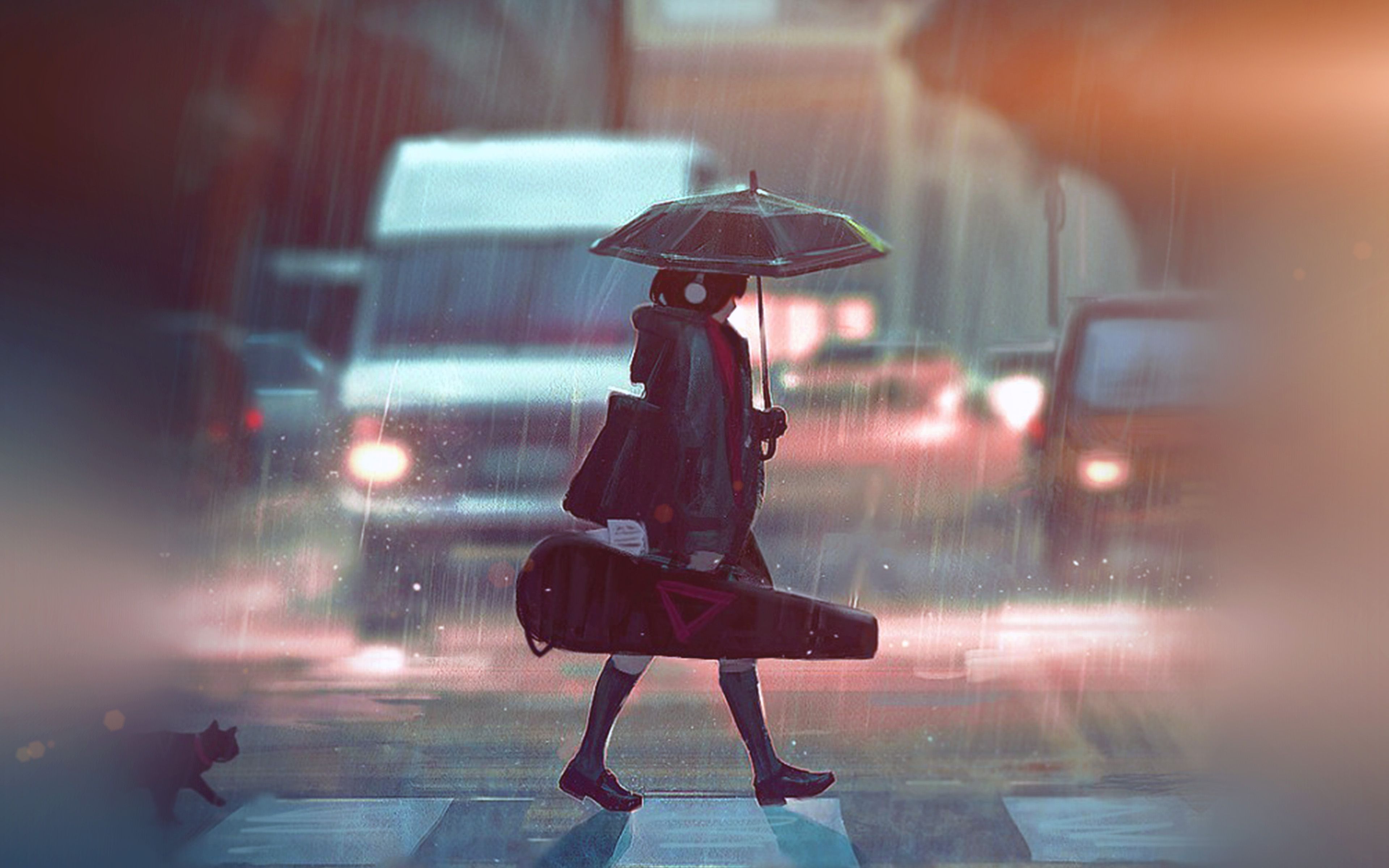 A woman with a guitar case and umbrella walks in the rain. - Rain