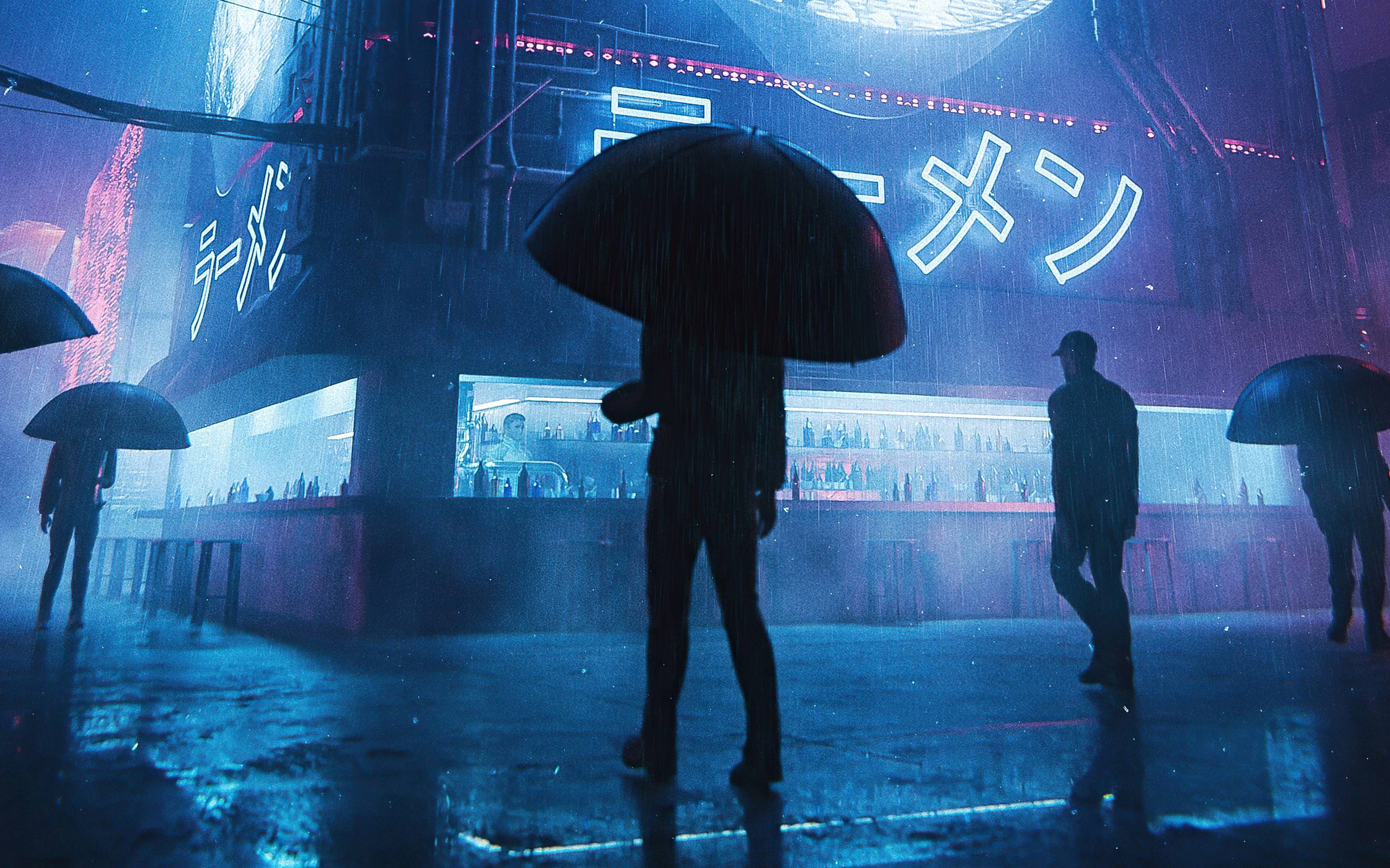 People walking in the rain with umbrellas in the neon-lit city of Blade Runner. - Rain, Japanese