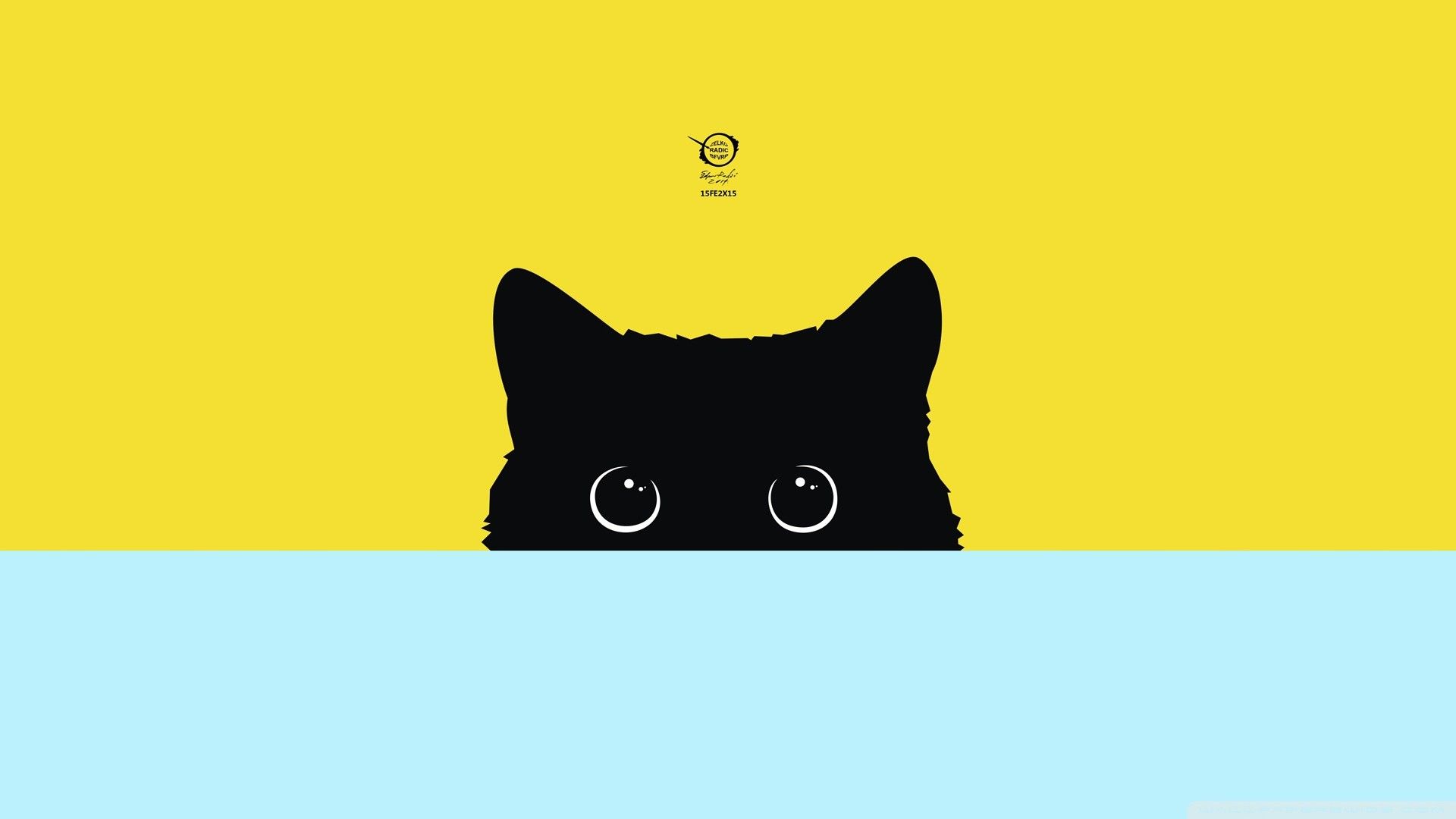 Black cat wallpaper with a blue and yellow background - Minimalist, cat