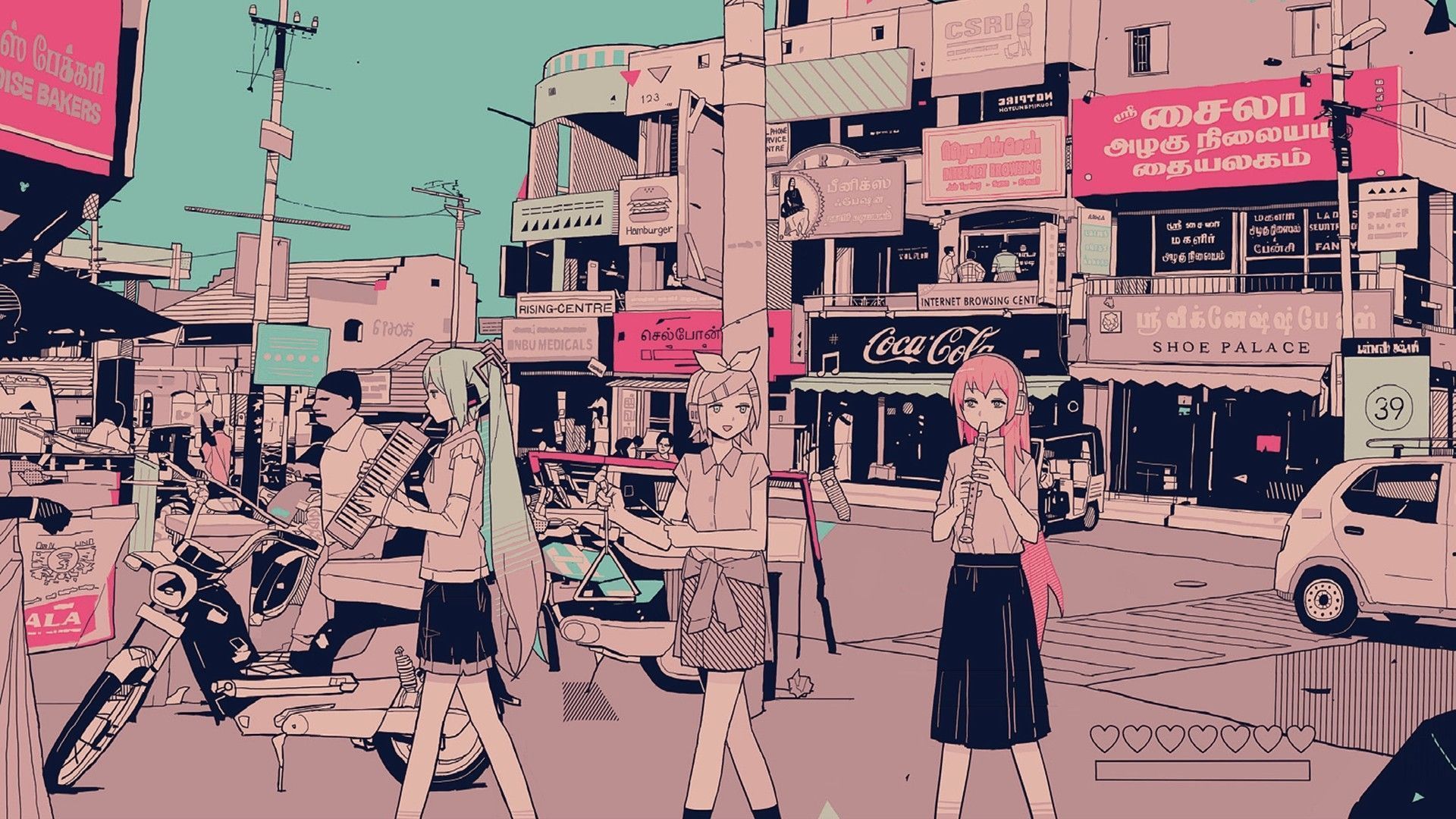 A group of people walking down the street - 1920x1080, desktop, anime, 90s, 90s anime, iMac, retro, vintage, pink anime