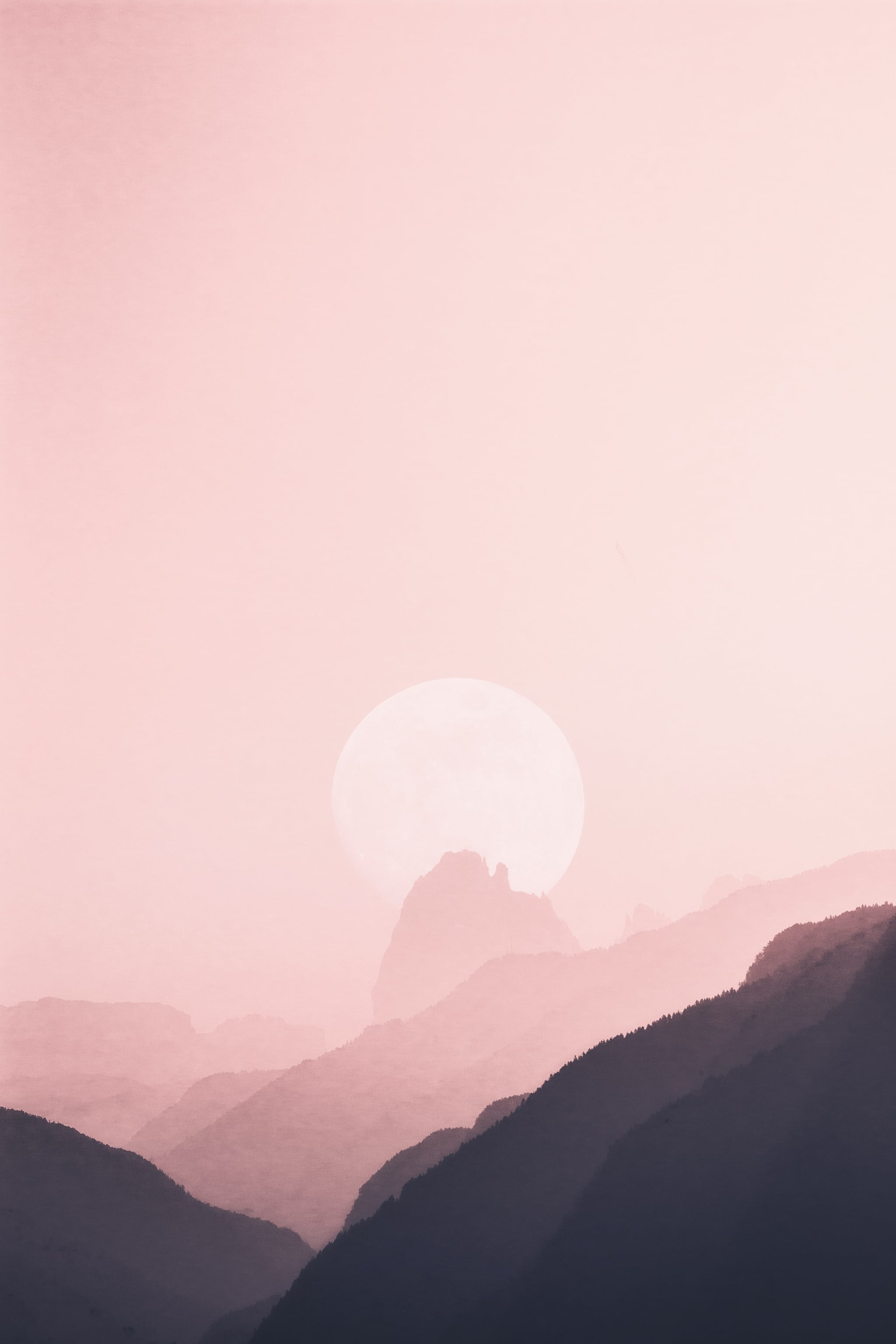 A pink and purple image of a mountain range with a full moon - Mountain, minimalist, neutral, modern, sky, sunrise, boho, couple, simple, warm, cool