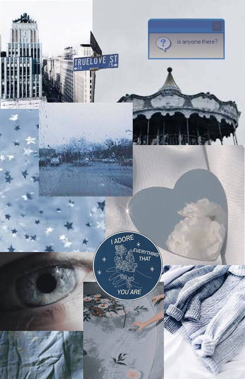 A collage of pictures with blue and white backgrounds - Collage, blue
