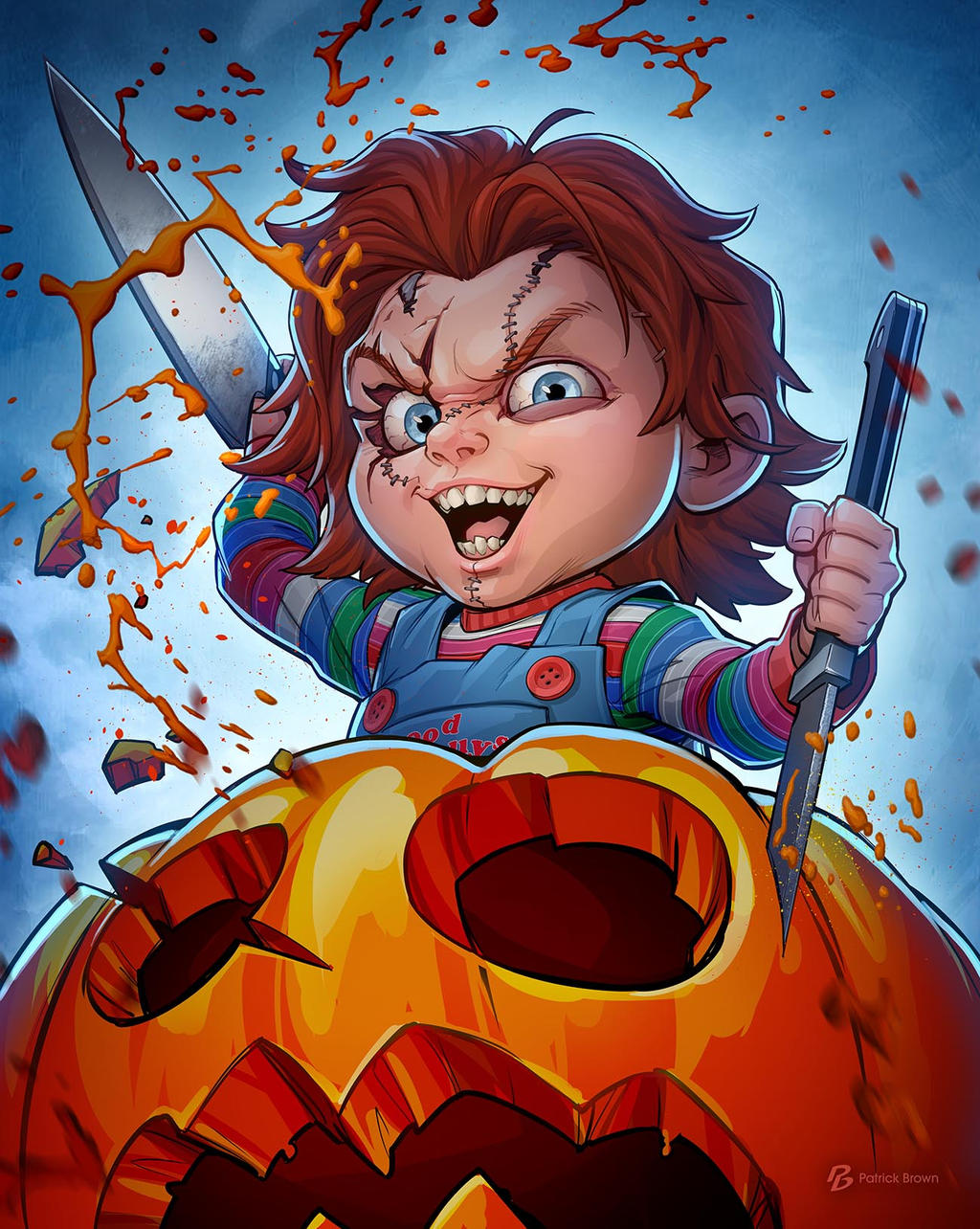 Chucky from Child's Play holding a knife and standing on a pumpkin. - Halloween
