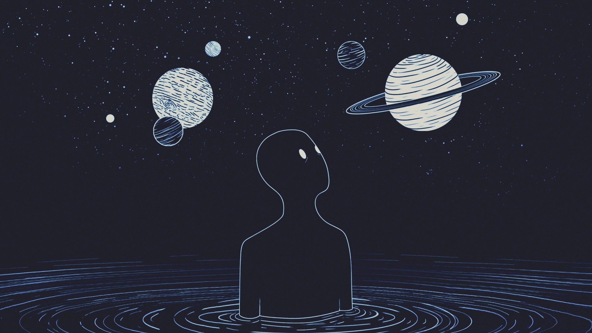 A person standing in water looking up at planets in the night sky - Desktop, 1920x1080, laptop, HD, dark, science, minimalist, space, planet, ghost, witch, moon phases, grunge, alien, computer, illustration