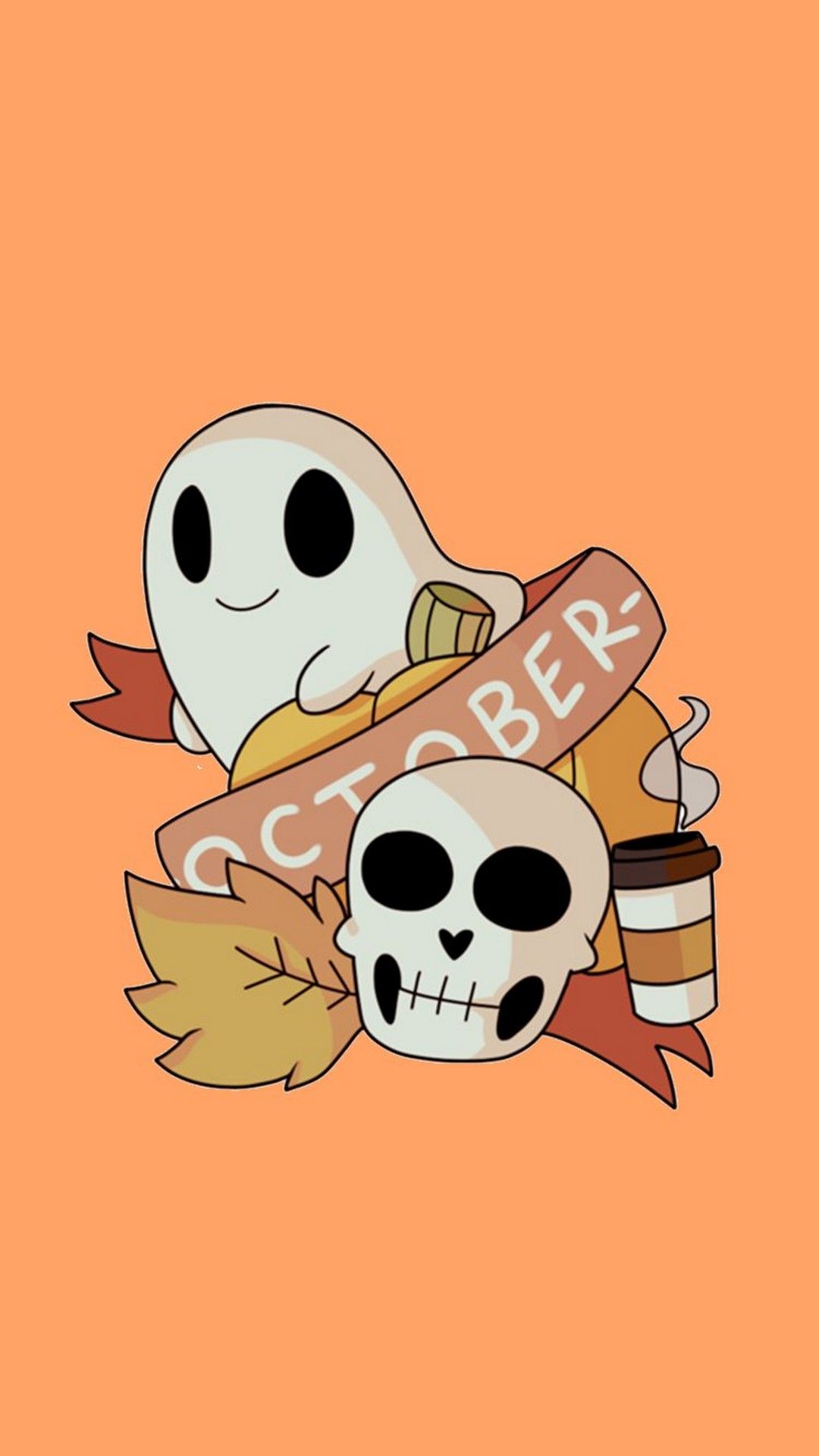 A cartoon ghost and skull with the words october - Halloween, skull, spooky, cute Halloween, October