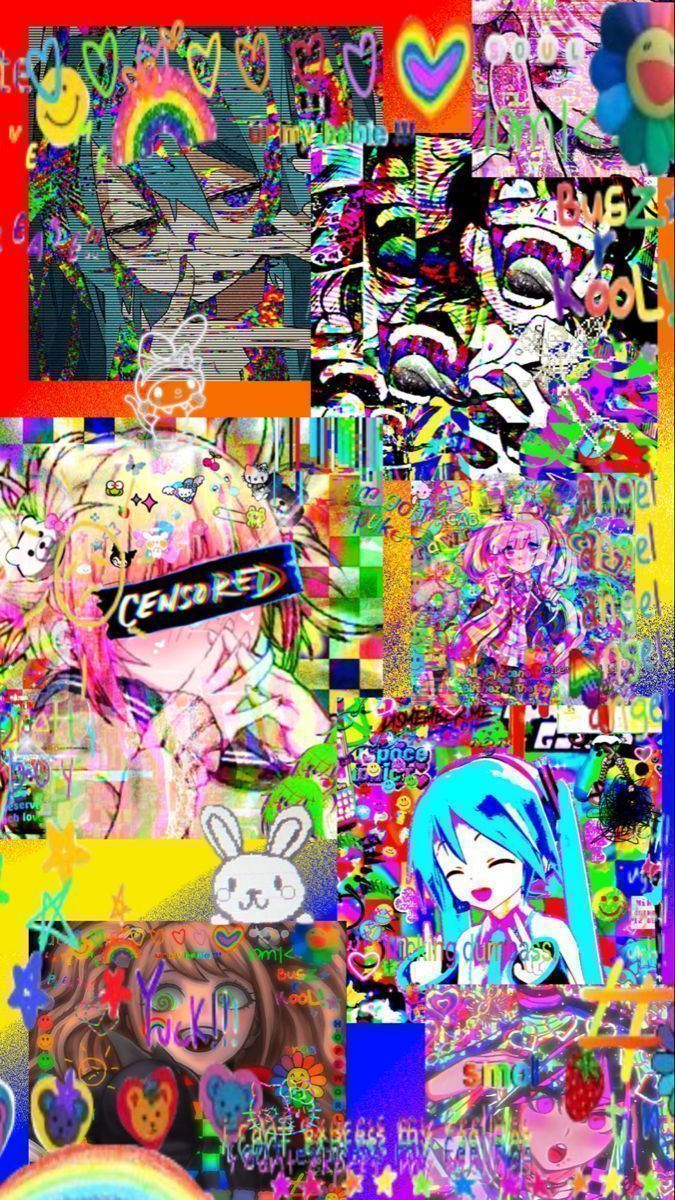 A collage of anime characters, including a girl with blue hair and a girl with pink hair, and many other colorful images. - Glitchcore, Scenecore