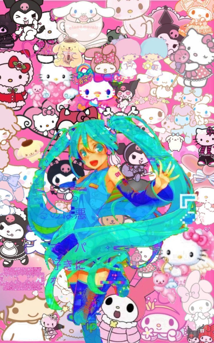 A girl with blue hair and long green locks is surrounded by many hello kitty characters - Webcore, Scenecore
