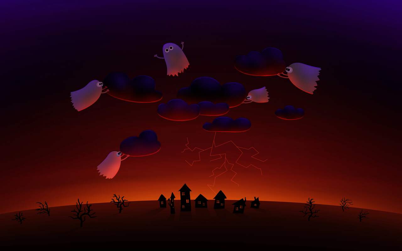 A halloween night scene with ghosts flying over a village - Halloween desktop, Halloween, spooky