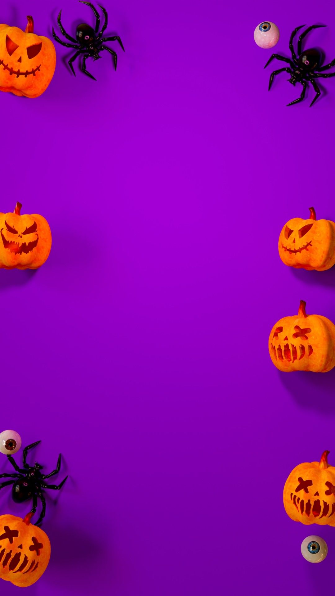 Purple background with Halloween pumpkins and spiders on the corners - Halloween
