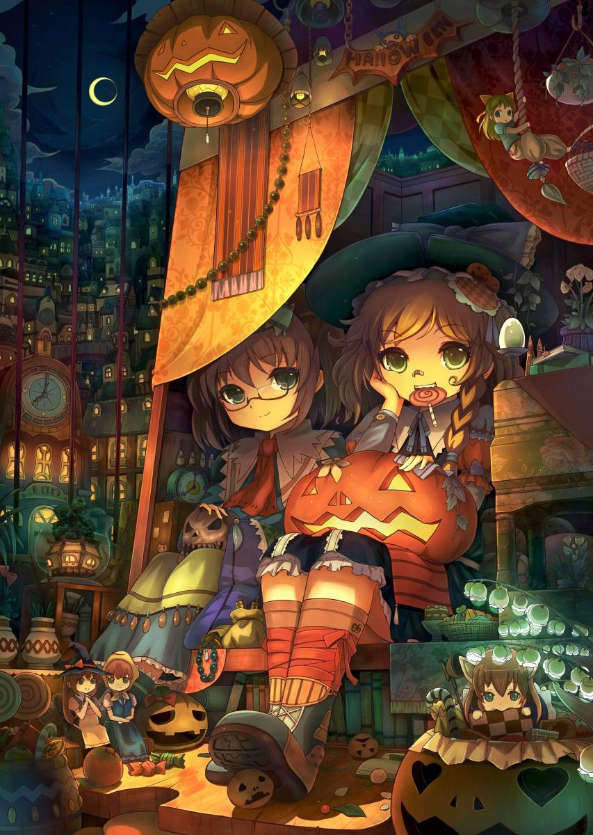 Two anime girls sitting on a bench with Halloween decorations around them. - Anime, Halloween
