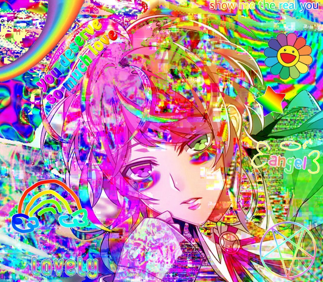 A digital artwork of a girl with pink hair and green eyes. She is surrounded by a rainbow of abstract shapes and lines. - Glitchcore, Scenecore