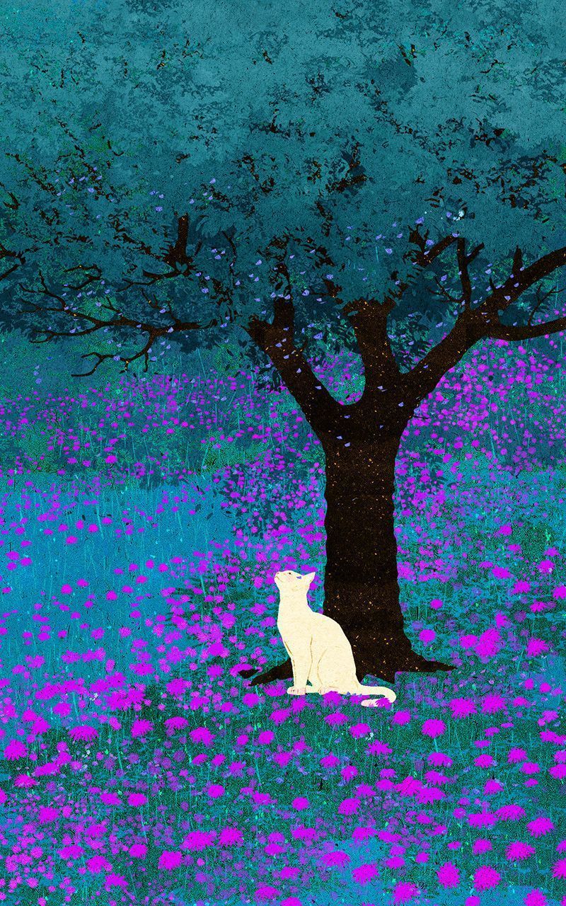 A white cat sitting under a tree in a field of purple flowers - Pink, teal, blue, indie