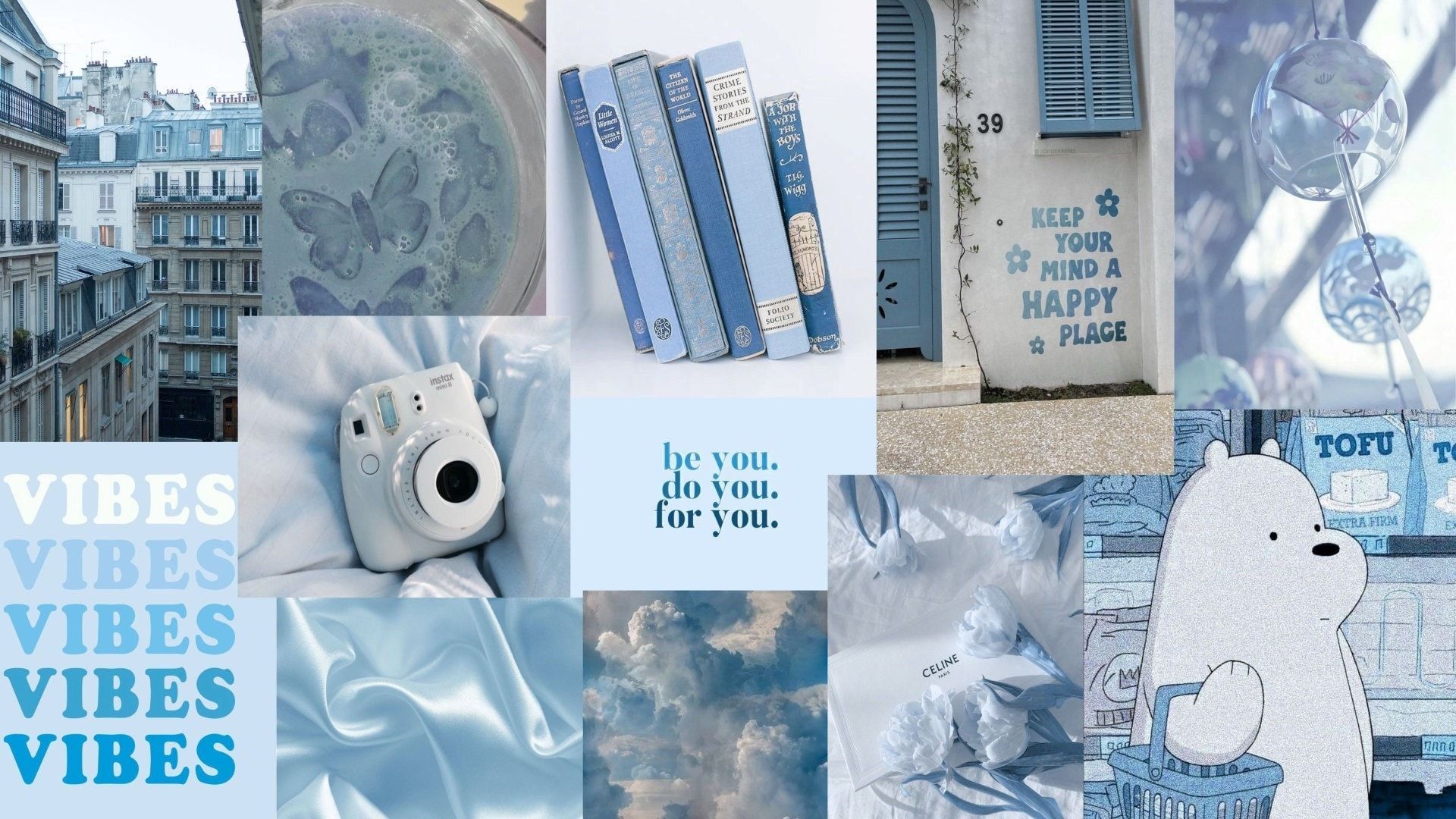 A collage of blue aesthetic pictures including books, a polaroid, and a polar bear. - Laptop, blue, France, pastel blue, pastel