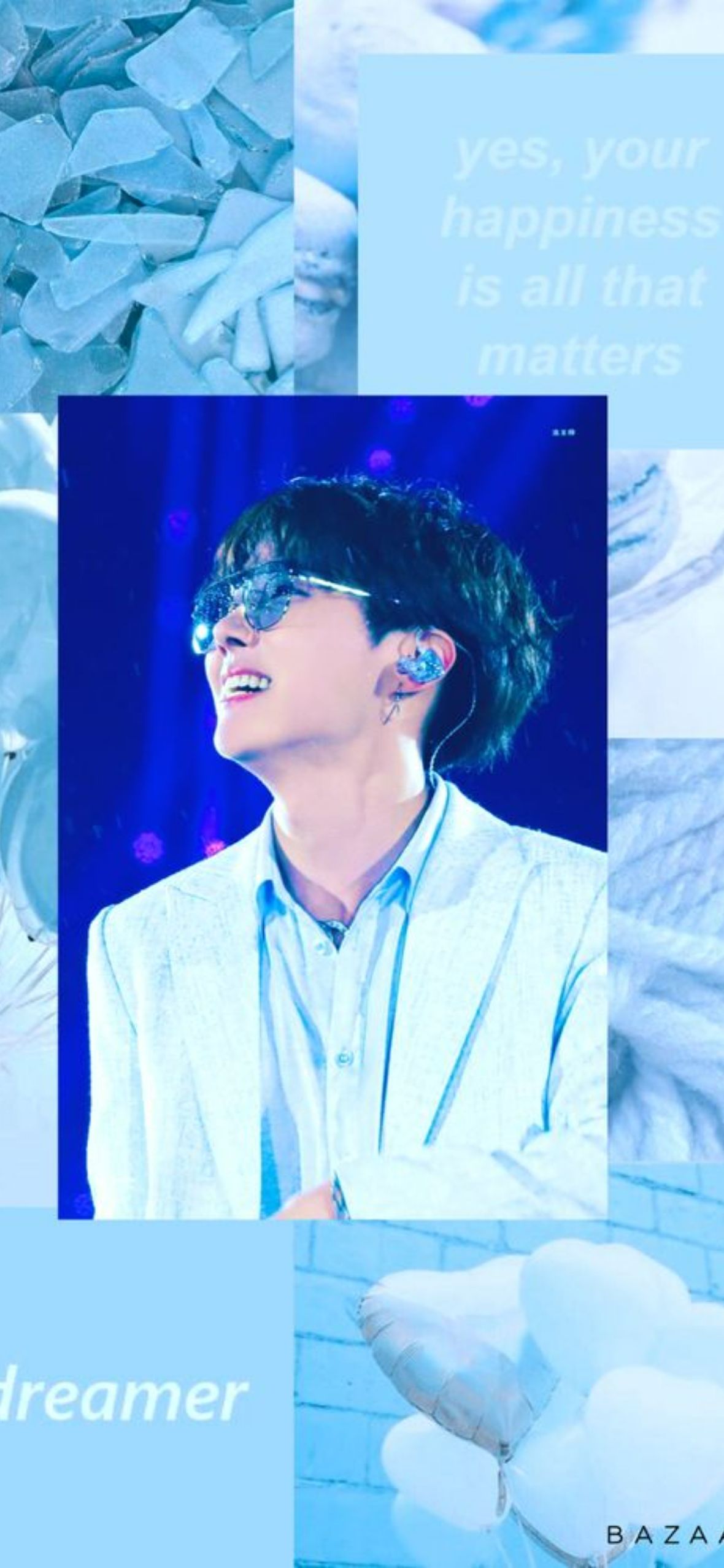 A blue and white collage of Jungkook from BTS with the words 