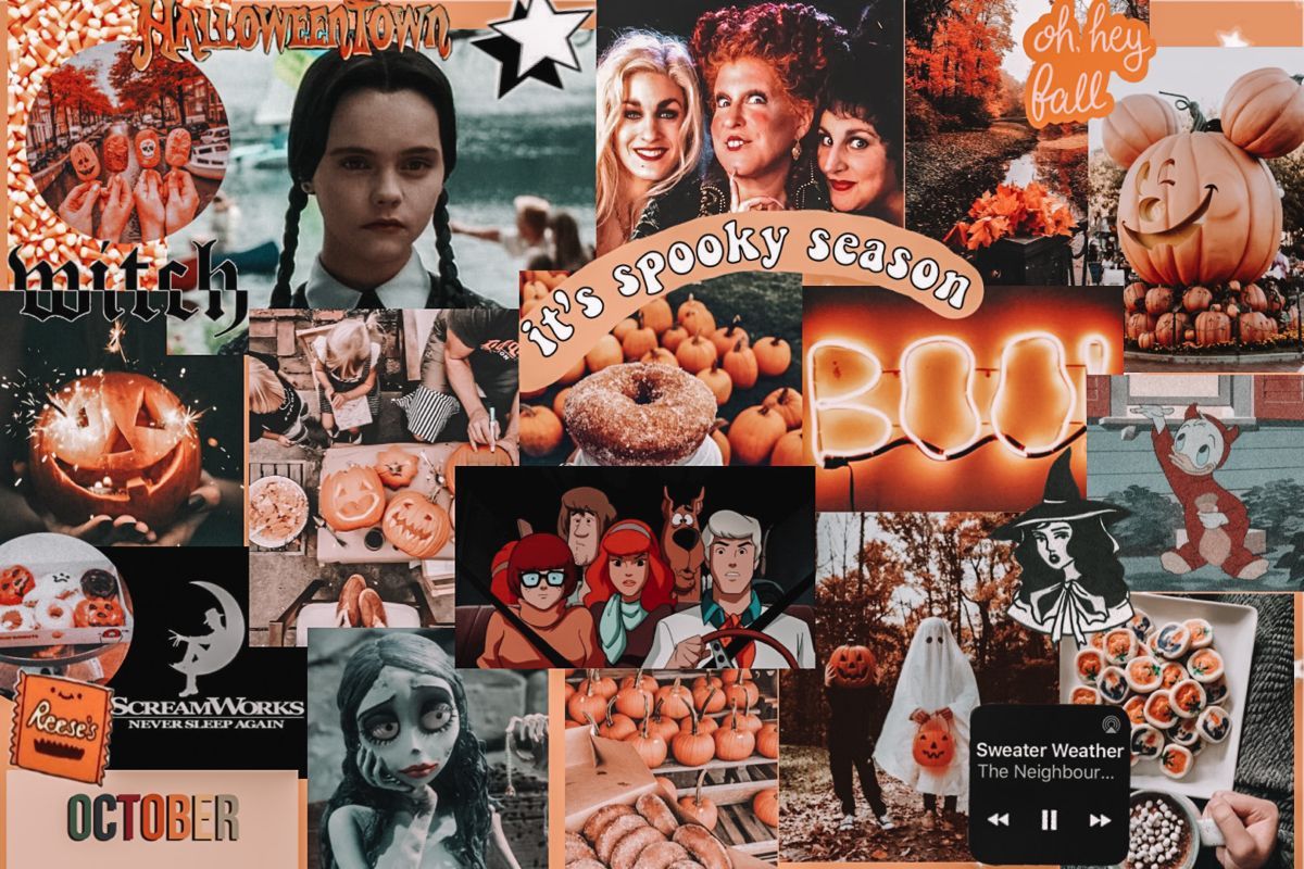 A collage of orange and black Halloween images. - Halloween