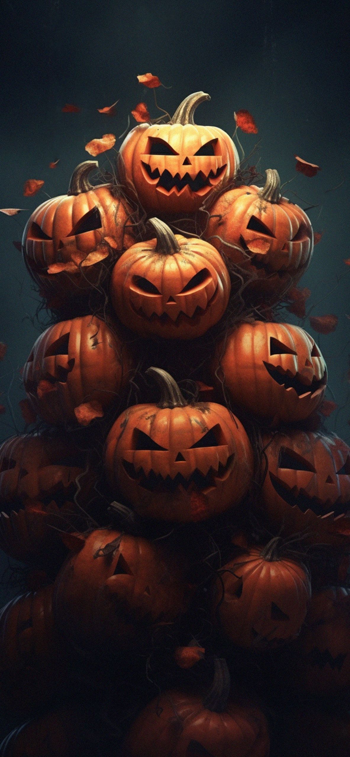 IPhone wallpaper of a stack of carved Halloween pumpkins - Halloween, pumpkin, dark orange, spooky, cute Halloween