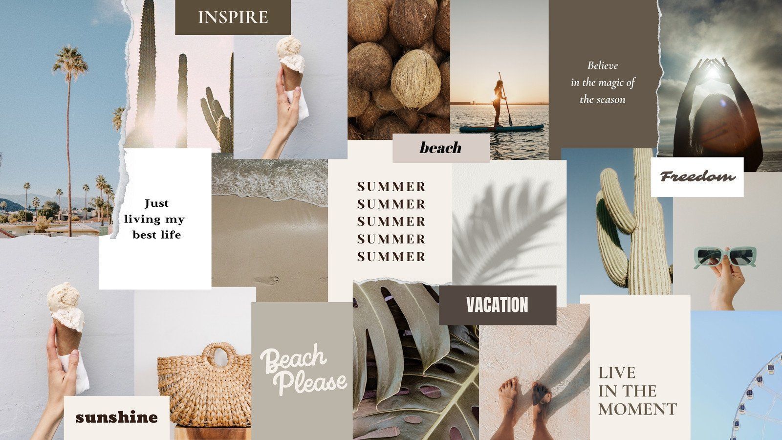 A collage of images of the beach, palm trees, and the words 