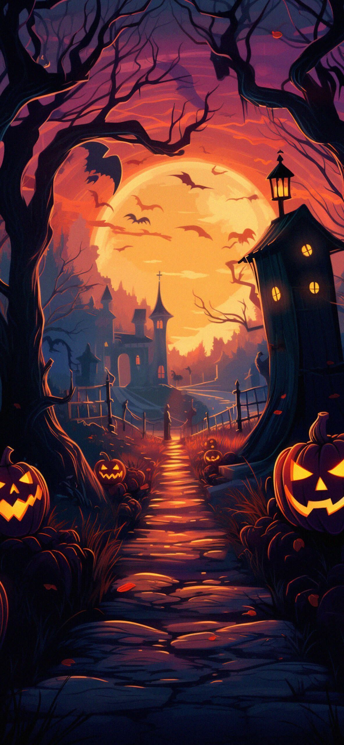 Halloween iPhone wallpaper with a spooky path to a castle - Spooky, Halloween