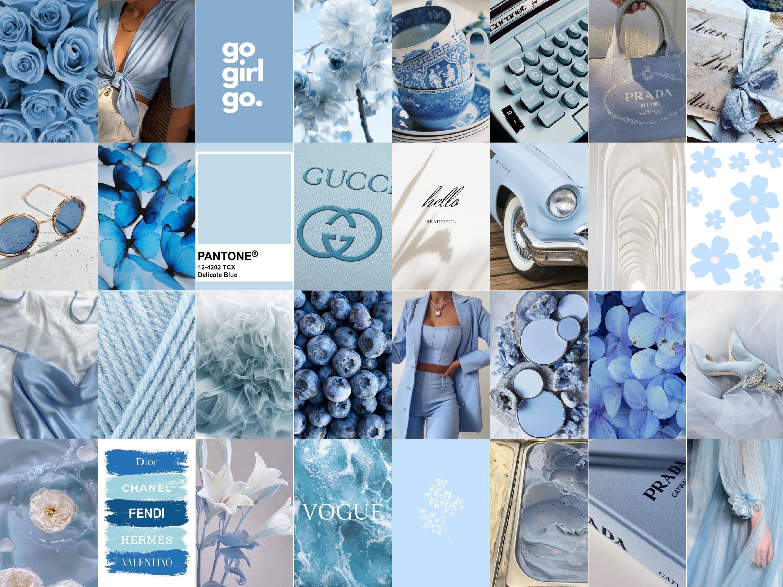 A collage of blue images, including butterflies, vases, and other aesthetic images. - Pastel blue, blue