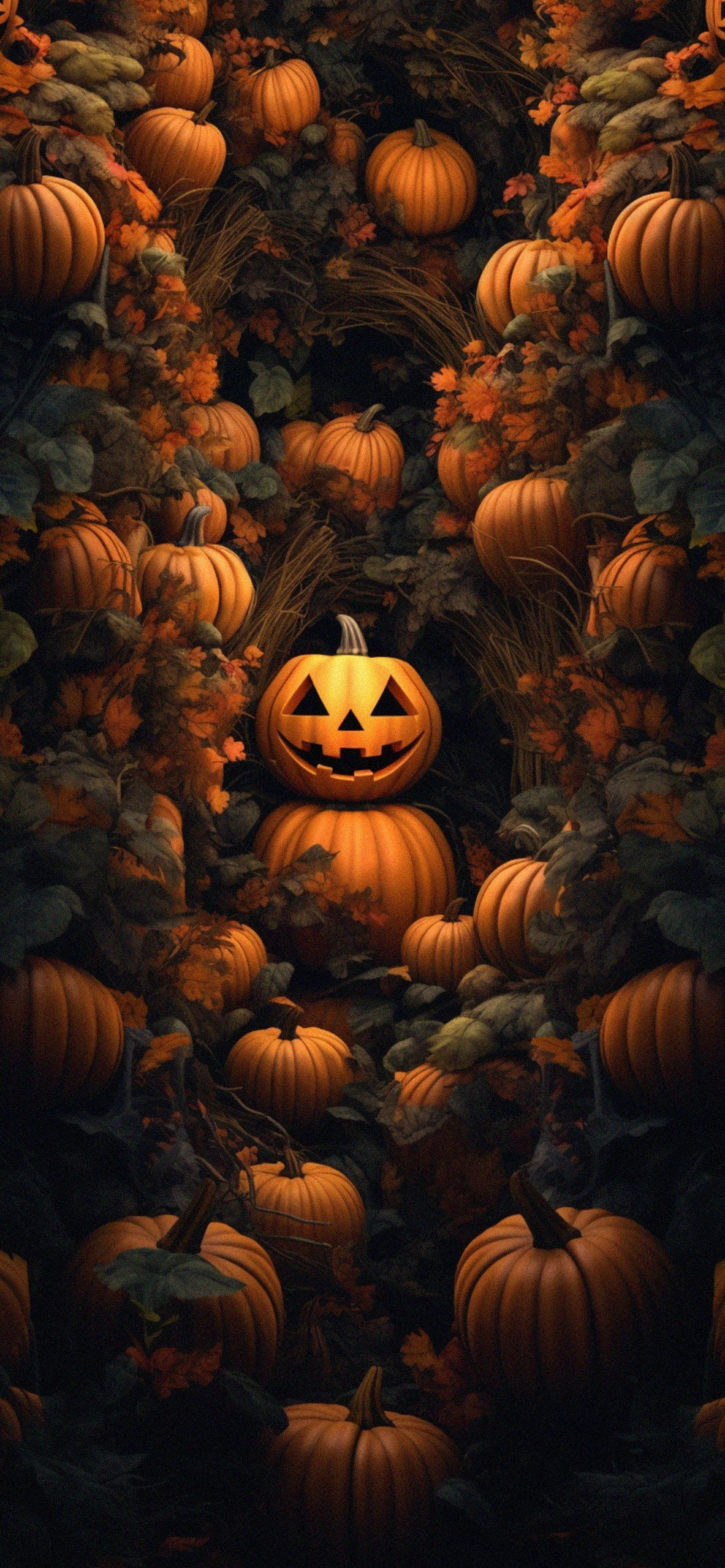 A pumpkin with a carved smile and a candle inside surrounded by many other pumpkins and fall leaves. - Halloween, pumpkin
