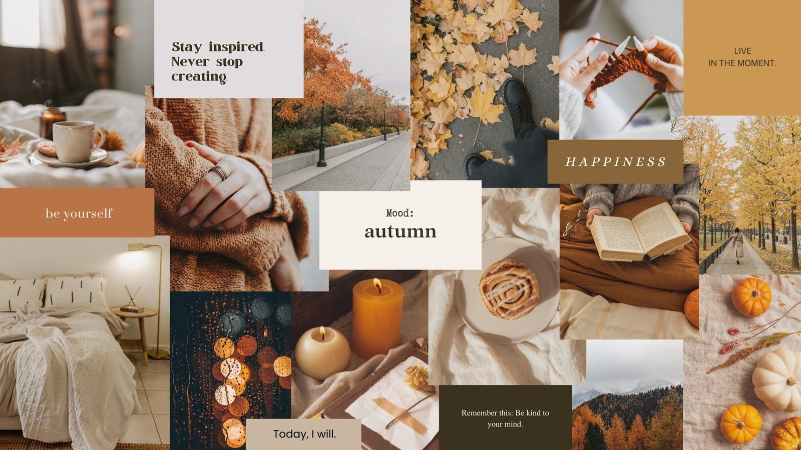 A mood board featuring warm autumnal tones, candles, books and pumpkins. - Desktop, MacBook, fall, October, pumpkin, light brown, vintage fall, cute fall, November, collage