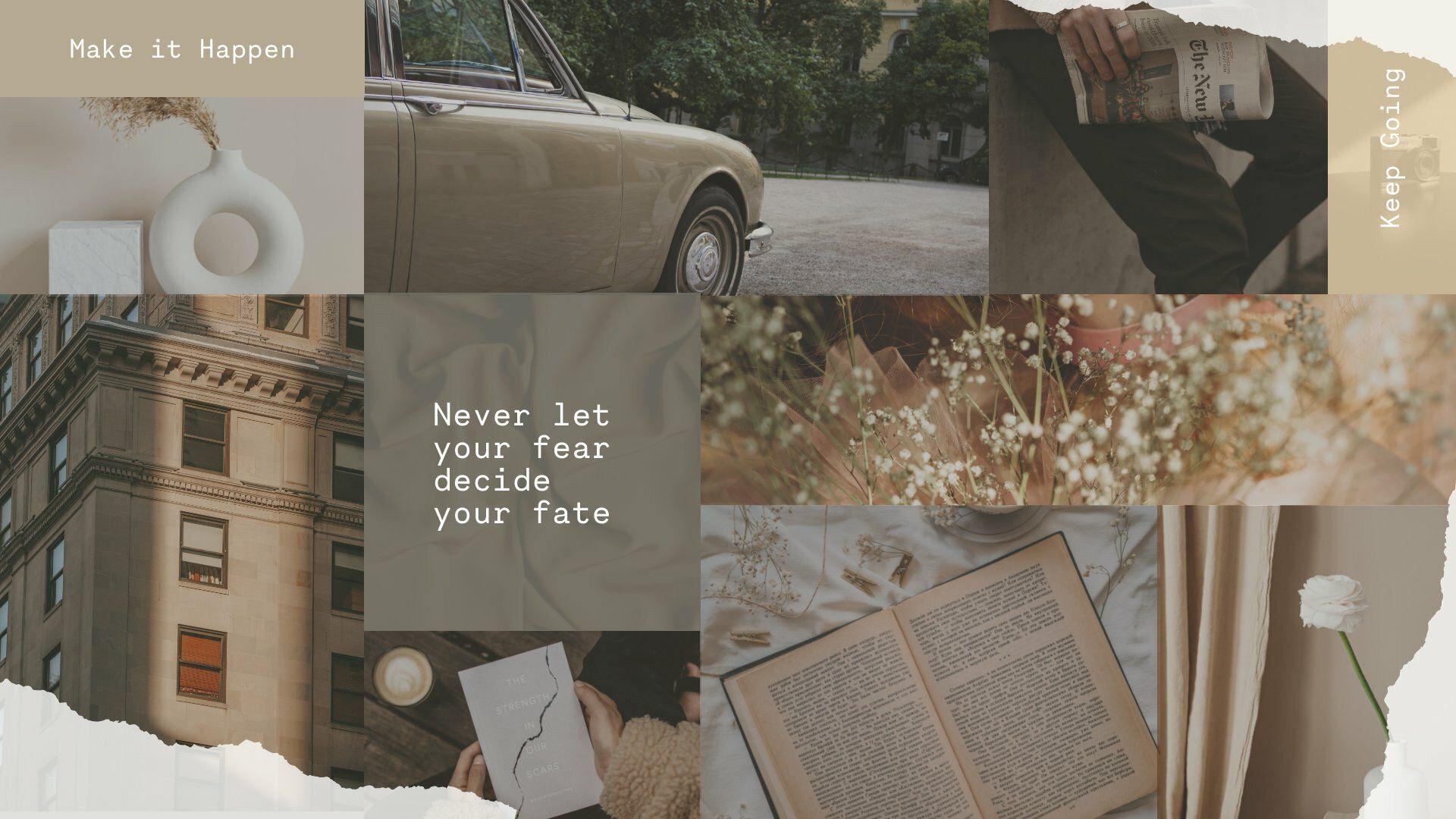 A collage of photos including a car, flowers, books, and a person reading. - Laptop, desktop