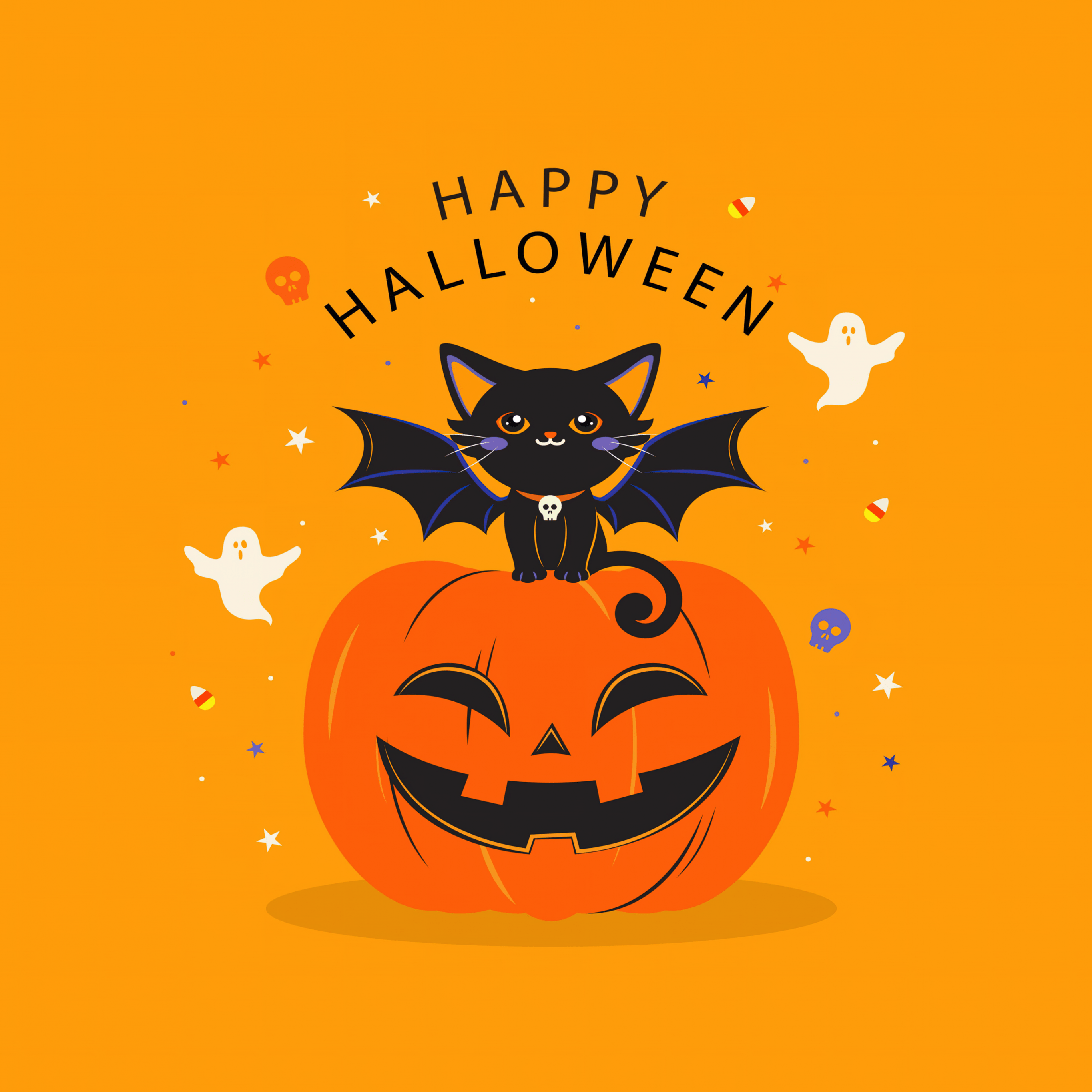 A black cat with bat wings sitting on a pumpkin - Cute Halloween, Halloween