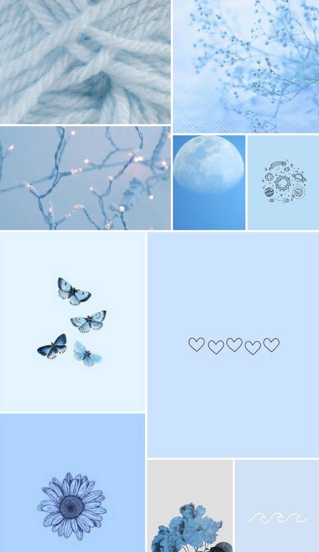 Blue aesthetic wallpaper collage with butterflies, flowers, and the moon - Phone, blue