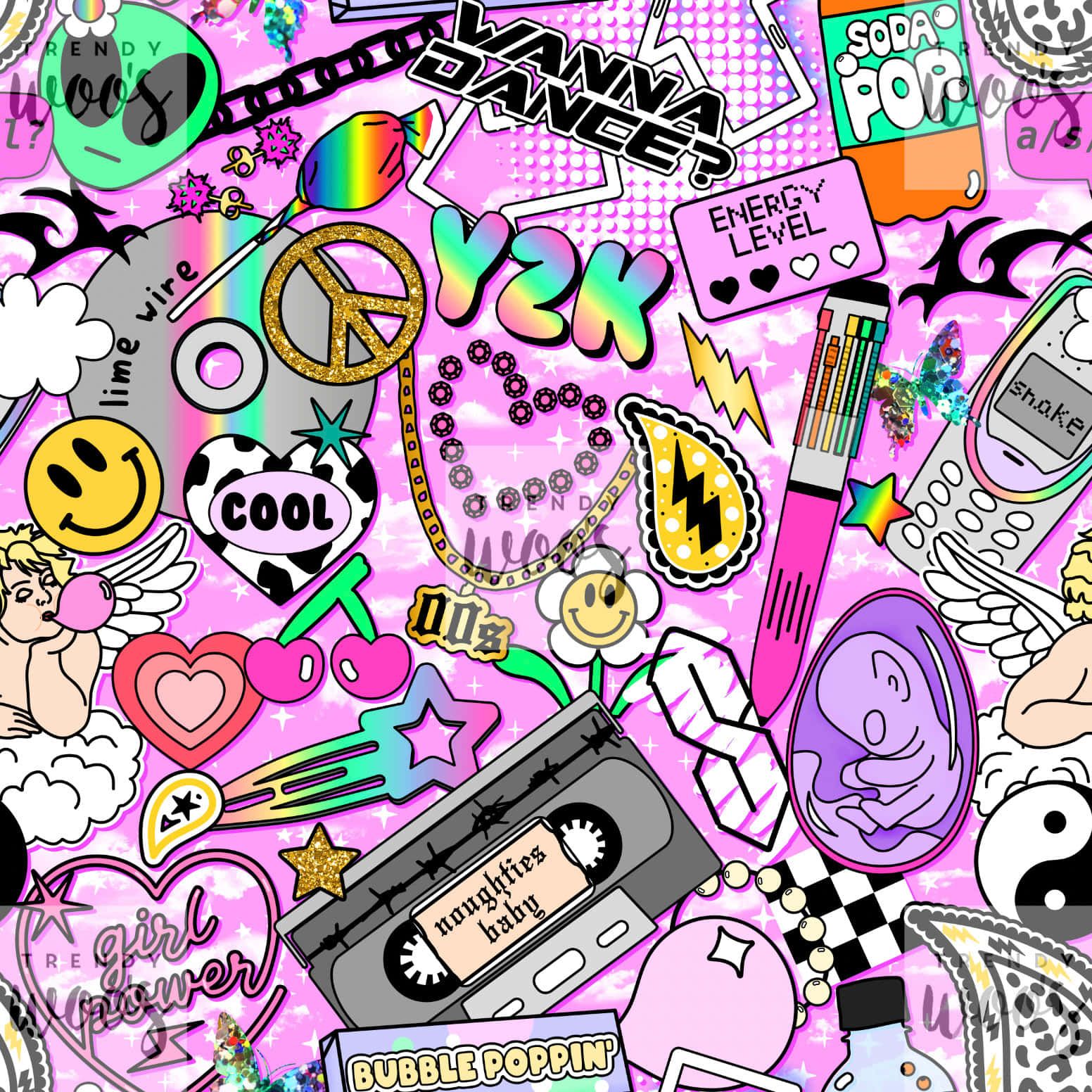 A pink background with various stickers such as a cassette tape, peace sign, and a telephone. - Scenecore, Y2K