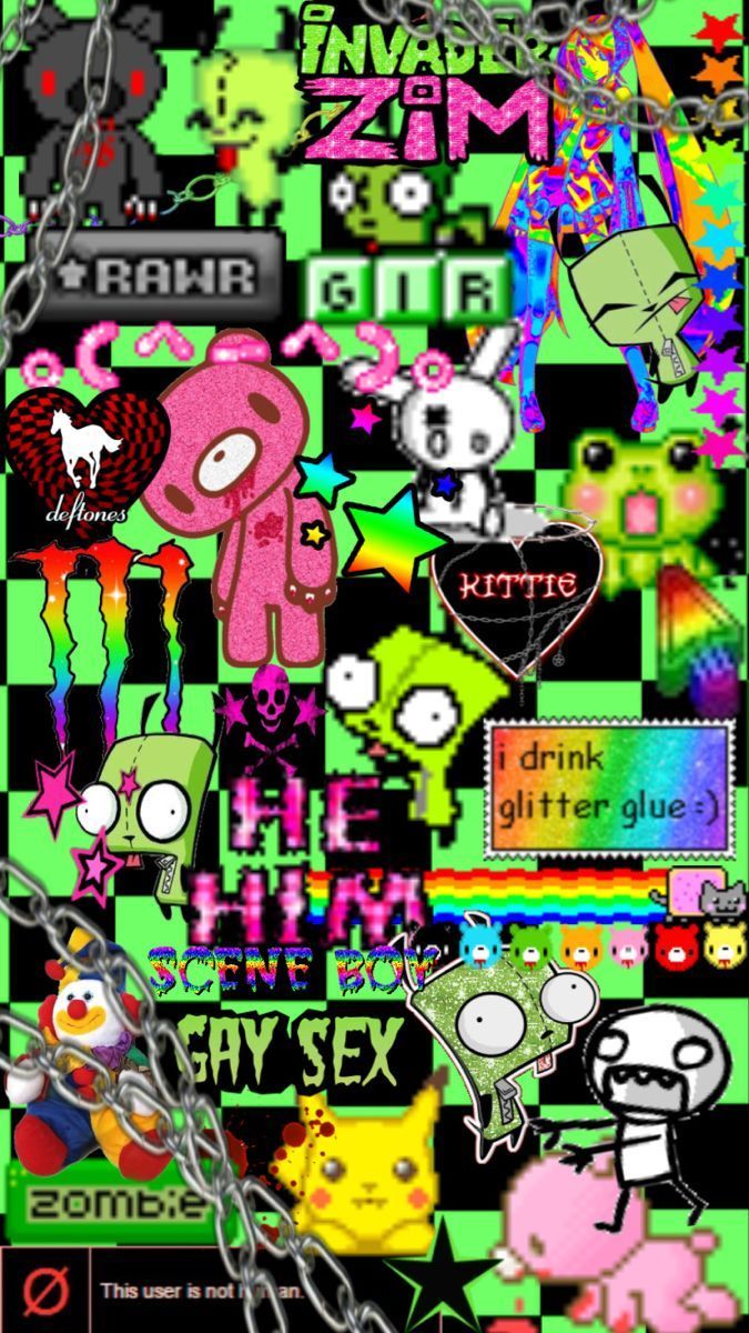 A collage of cartoon characters and symbols including Invader Zim, Hello Kitty, and a rainbow. - Scenecore