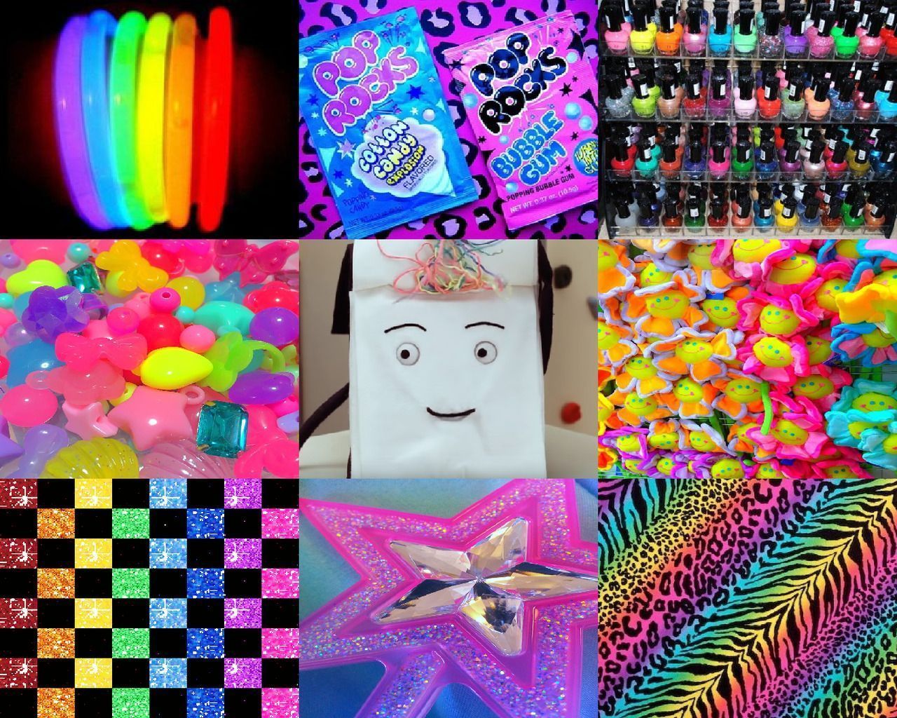 A collage of 9 different images of neon items including glow sticks, nail polish, and a face mask. - Scenecore