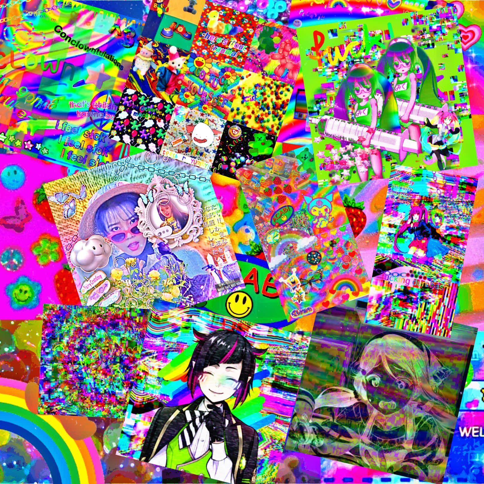 A collage of different images, including a rainbow, a smiley face, and a person with black hair and purple makeup. - Scenecore