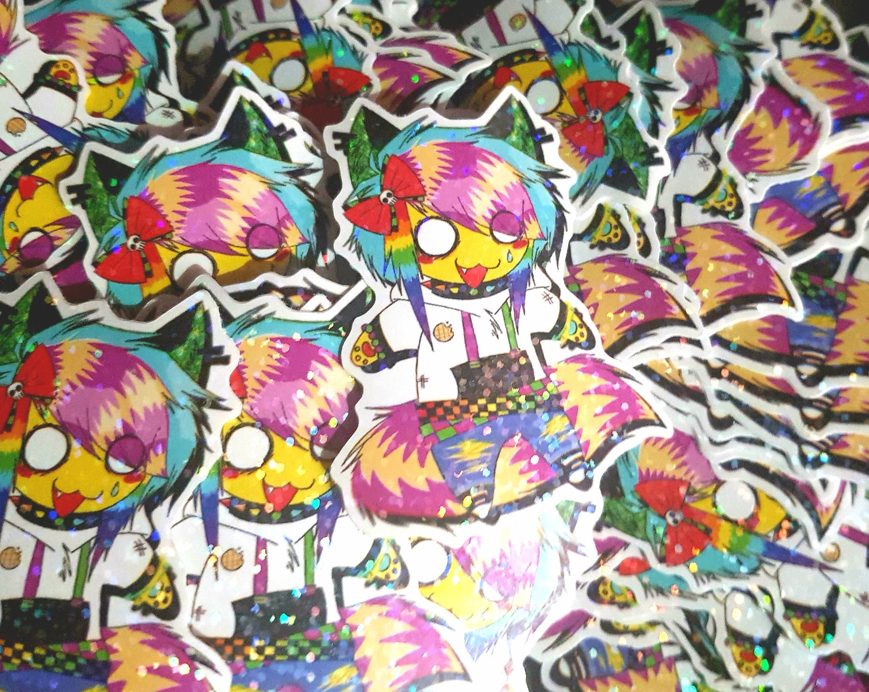 A pile of holographic stickers with a colorful character on it. - Scenecore