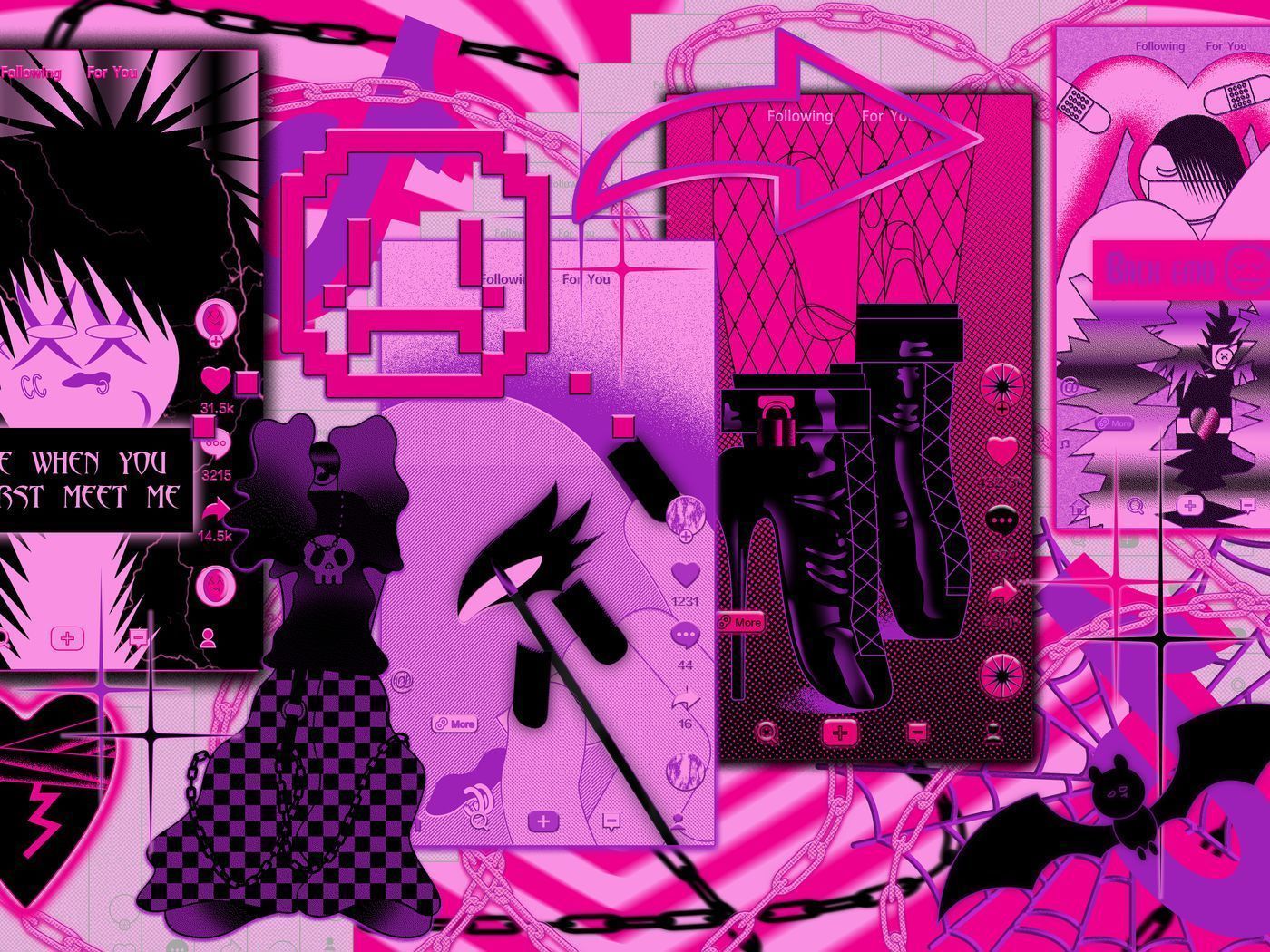 A collage of emo and gothic aesthetics in pink and purple. - Scenecore