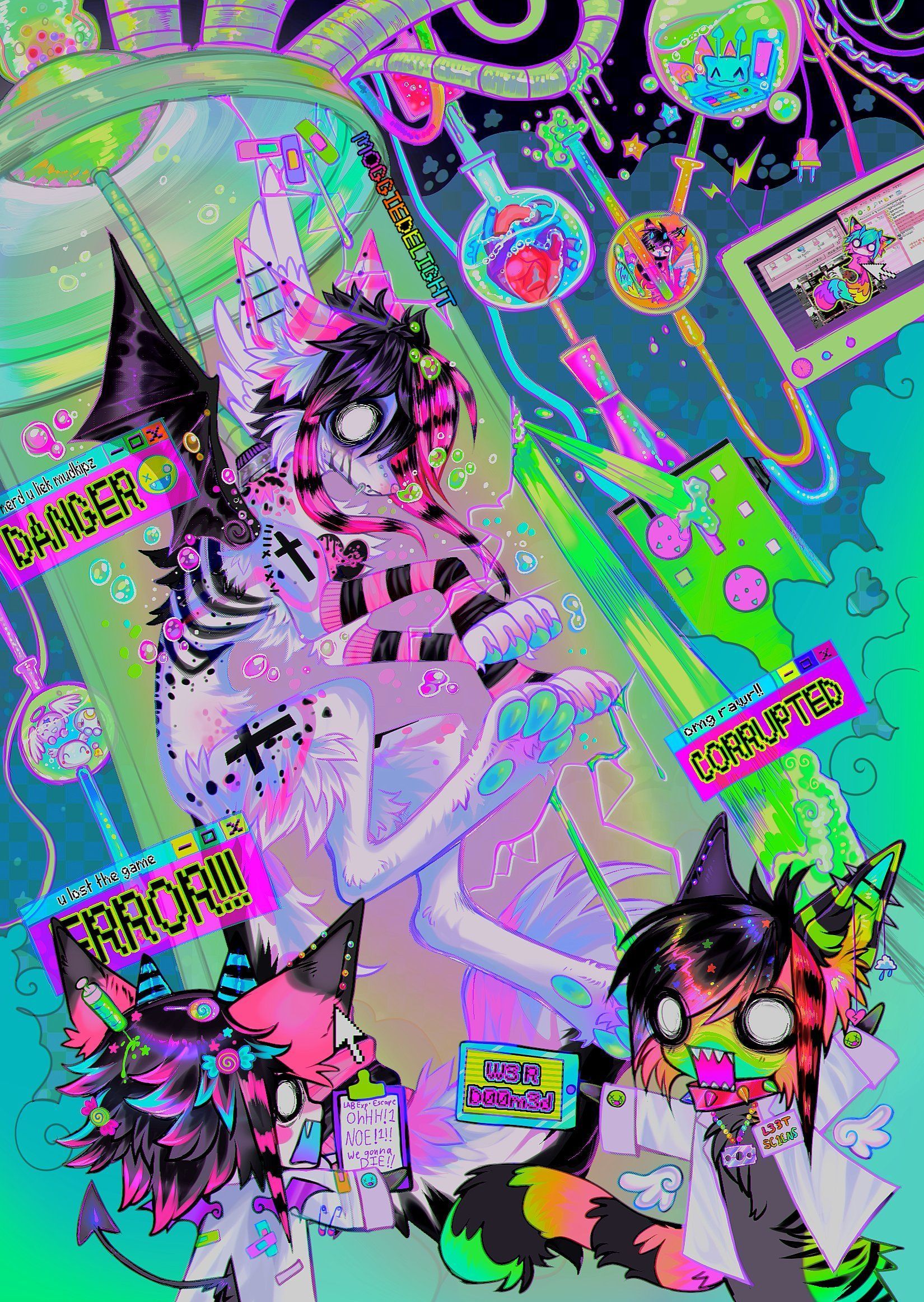 A digital art piece of two chibi characters, one with pink hair and one with green, standing in a neon green room with a lot of neon signs and objects. - Scenecore