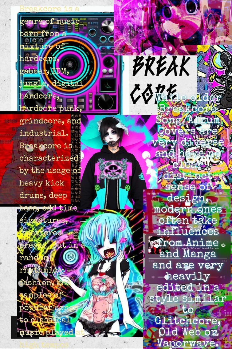 A colorful collage of anime characters, a speaker, and text that says 