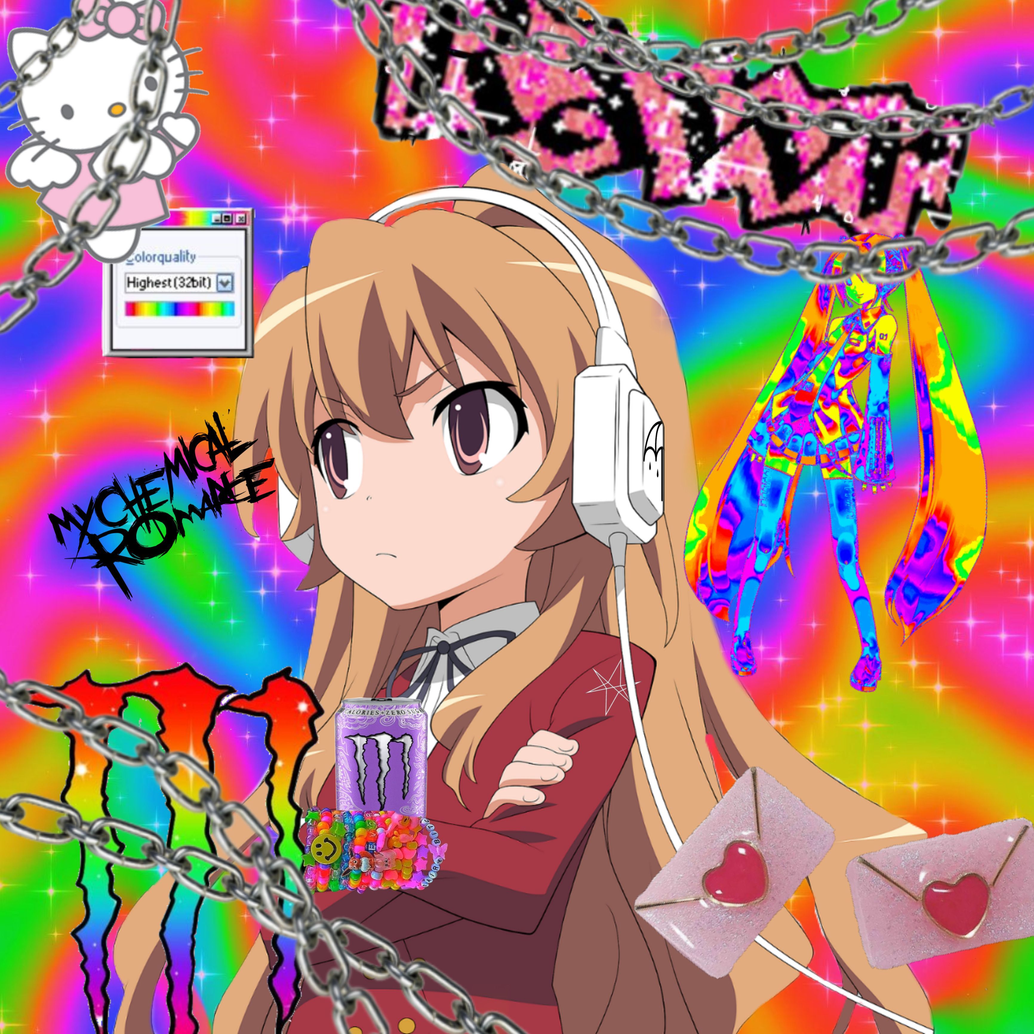 An anime girl with headphones on, with a rainbow background and the word 