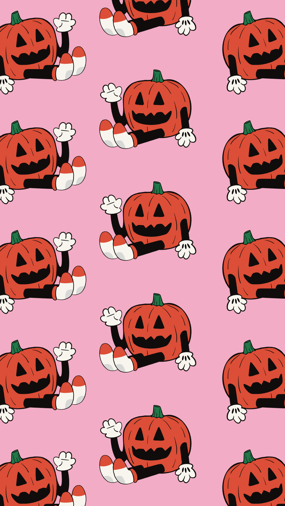 A pattern of pumpkins with bones and candy corn on a pink background - Halloween