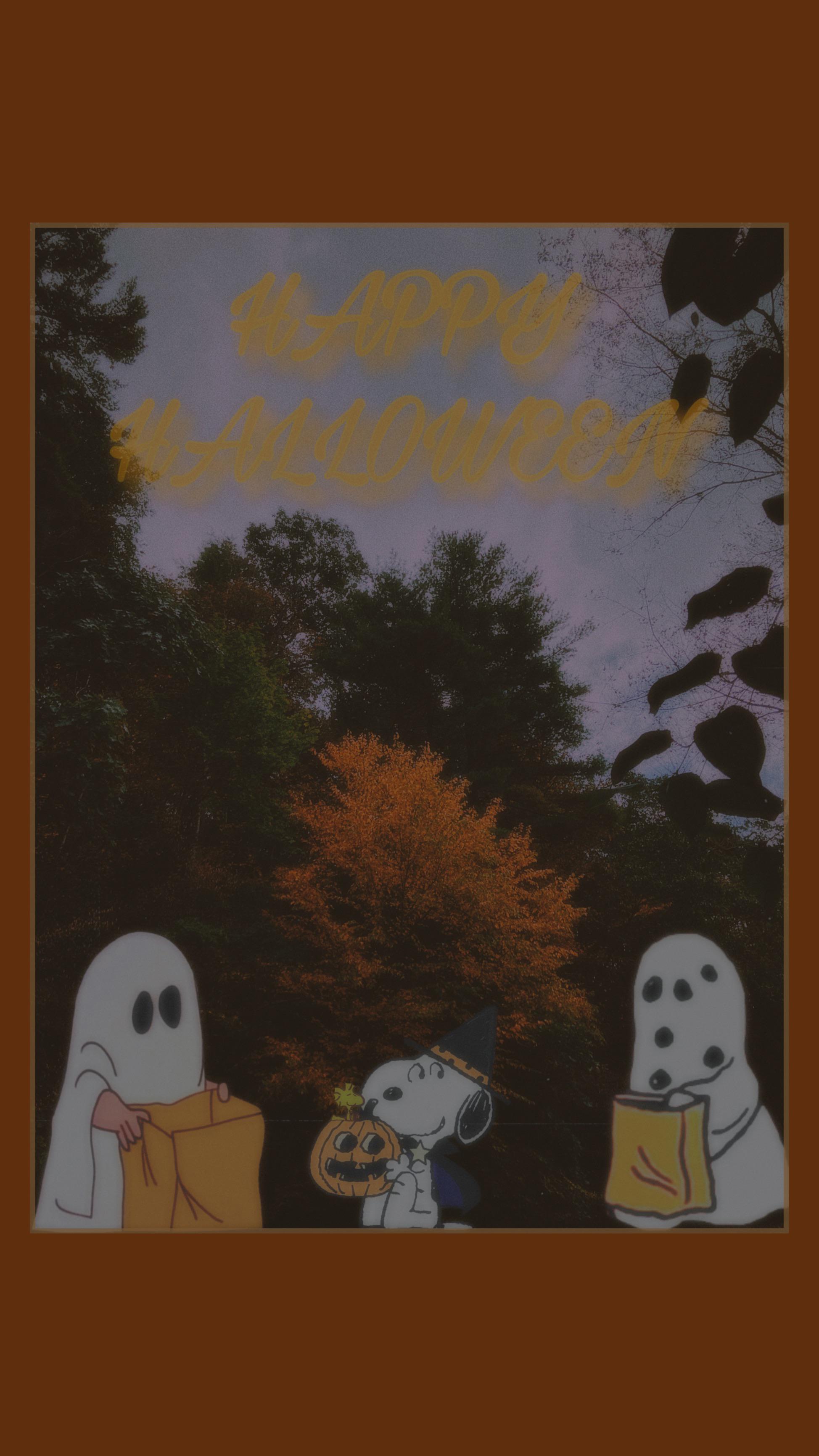 Halloween aesthetic background with a picture of a dog and two ghosts - Charlie Brown, Halloween