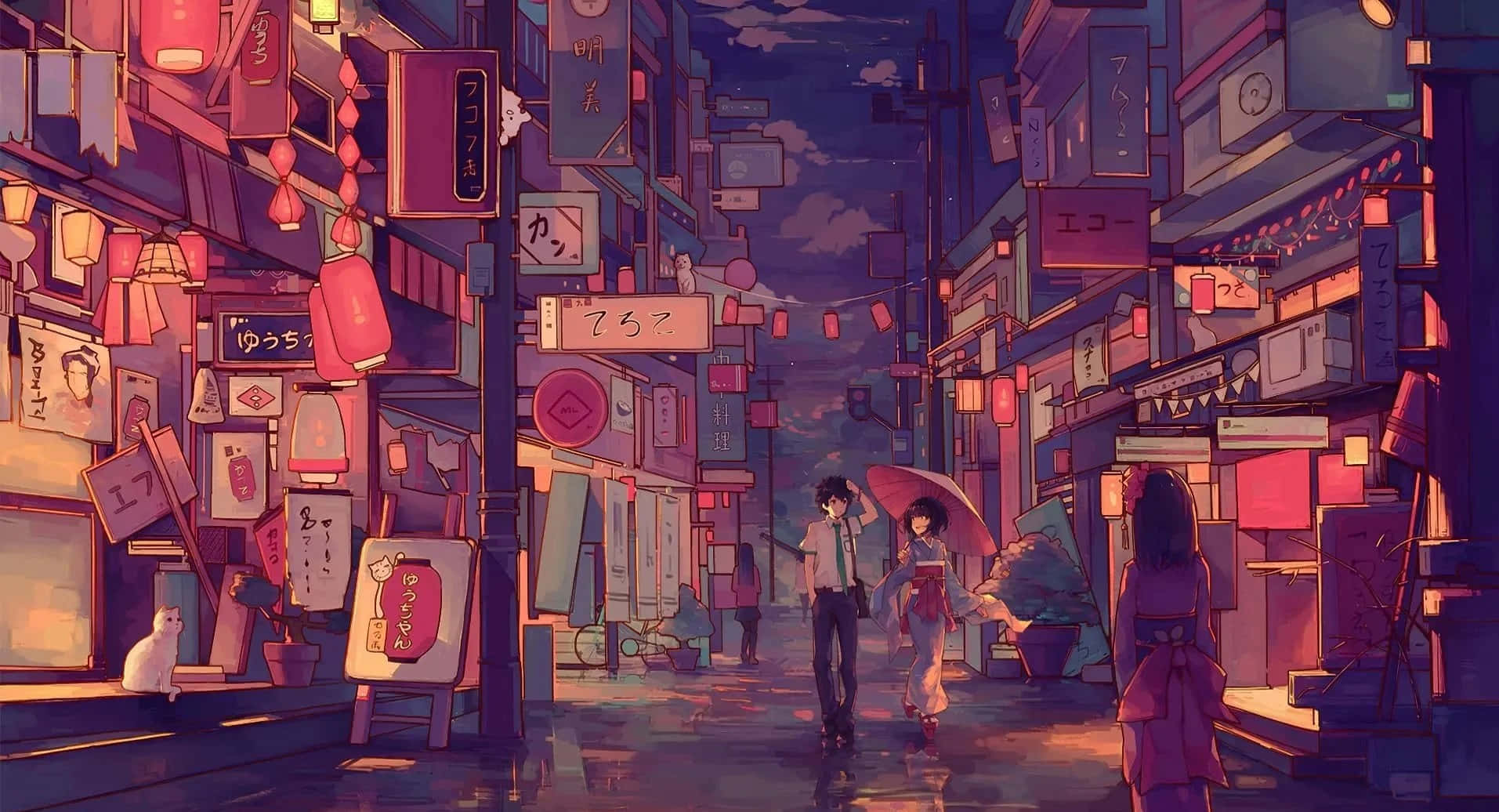 Anime, 1920x1080, background, city, couple, night, street, wallpaper, the girl with the pink umbrella - Desktop, Japan, street art, Japanese