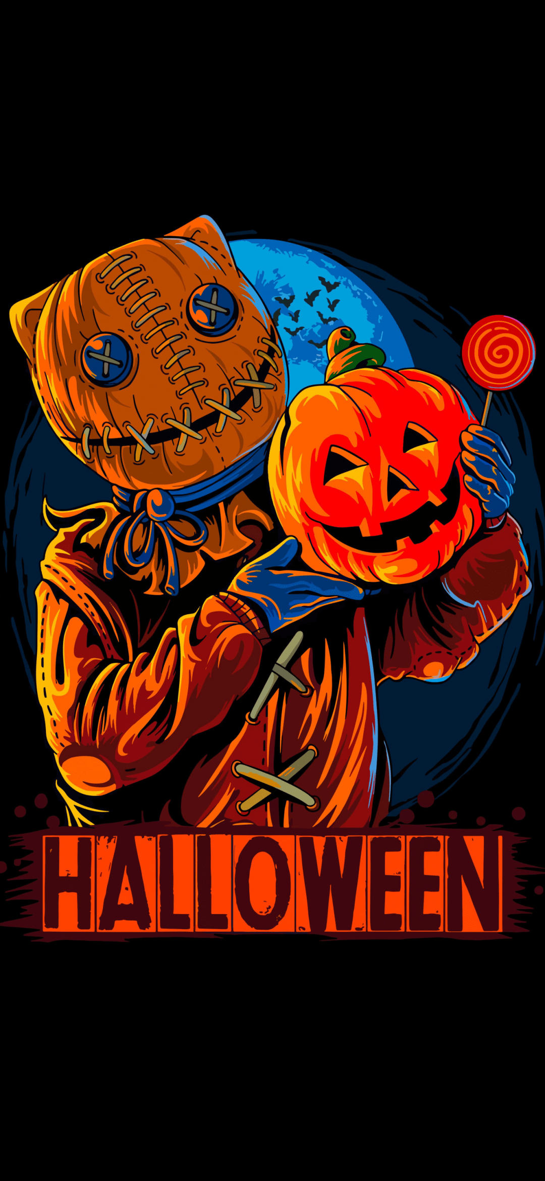 Scary pumpkin man holding a pumpkin with a moon in the background - Horror, Halloween