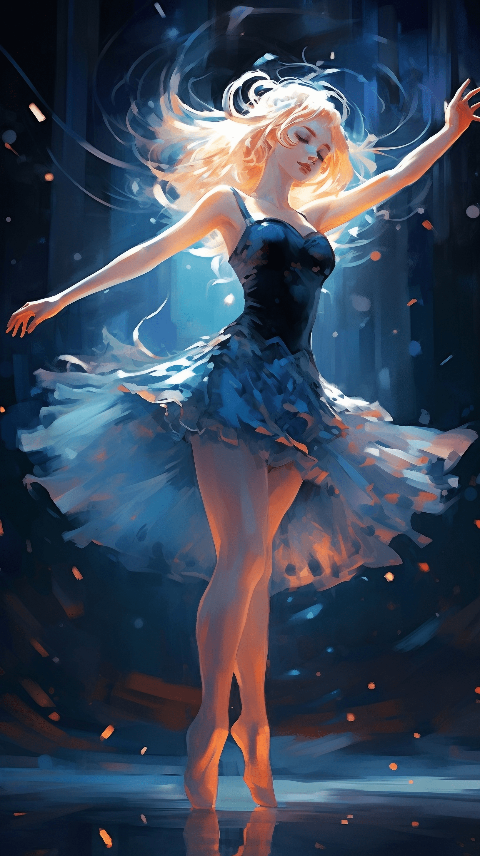 A beautiful anime ballet dancer in a black dress dances in the rain. - Anime, ballet, phone, blue, dance, blue anime