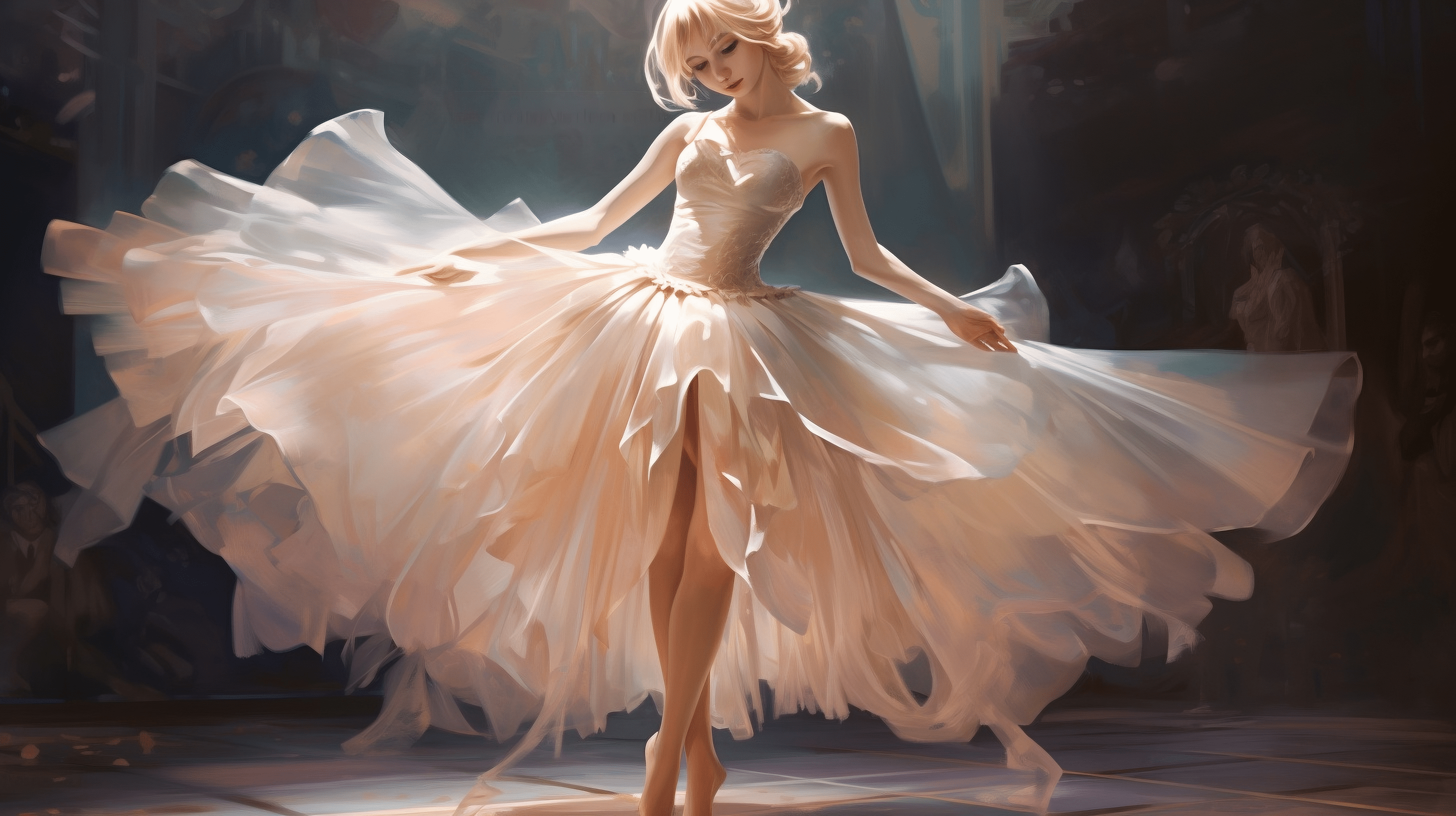 A beautiful girl in a white dress is dancing on a stage. - Desktop, anime, ballet