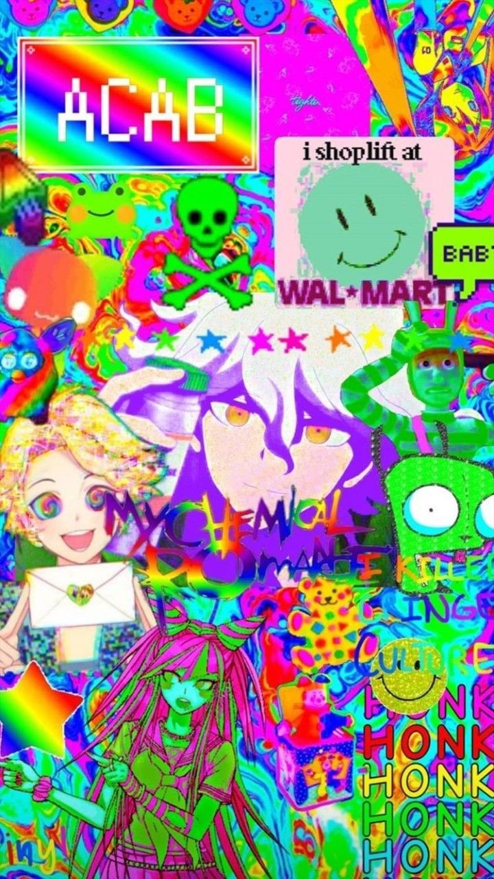 A colorful image with a girl, a unicorn, a alien, a smiley face, a rainbow, a bag and text that says 