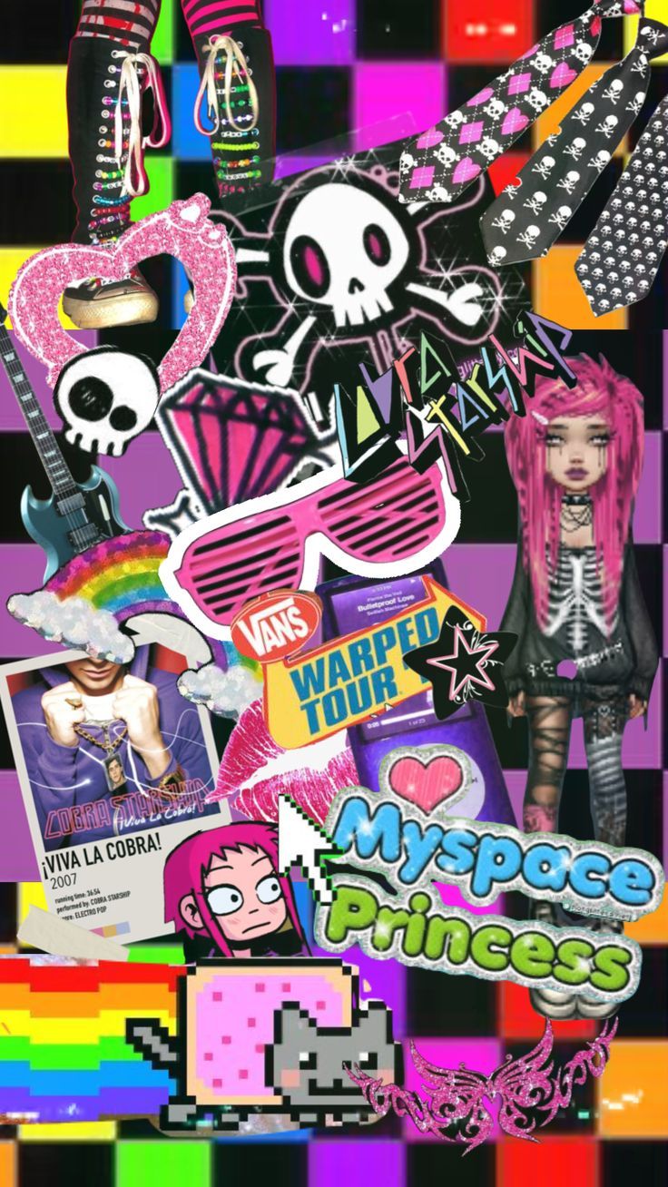 A colorful collage of emo and punk items - Scenecore